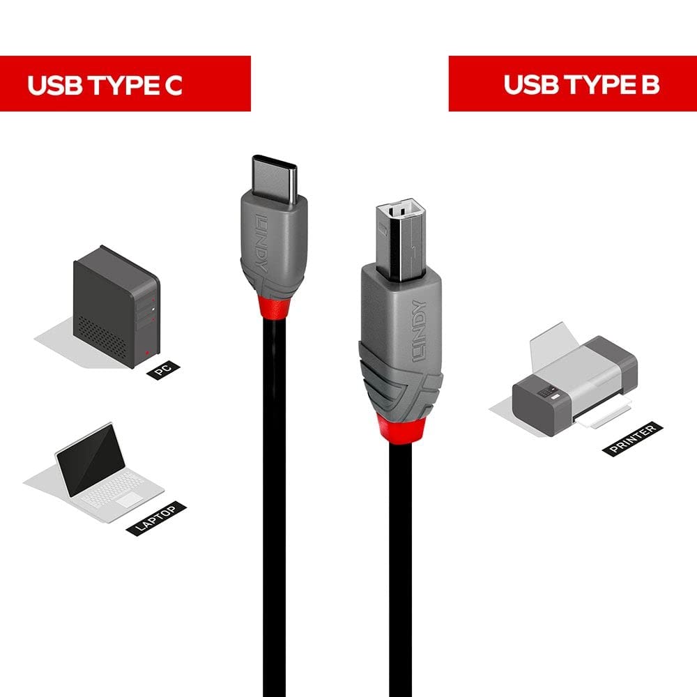LINDY 1m USB 2.0 Type C to B Cable for Printer & Scanner - Office Use