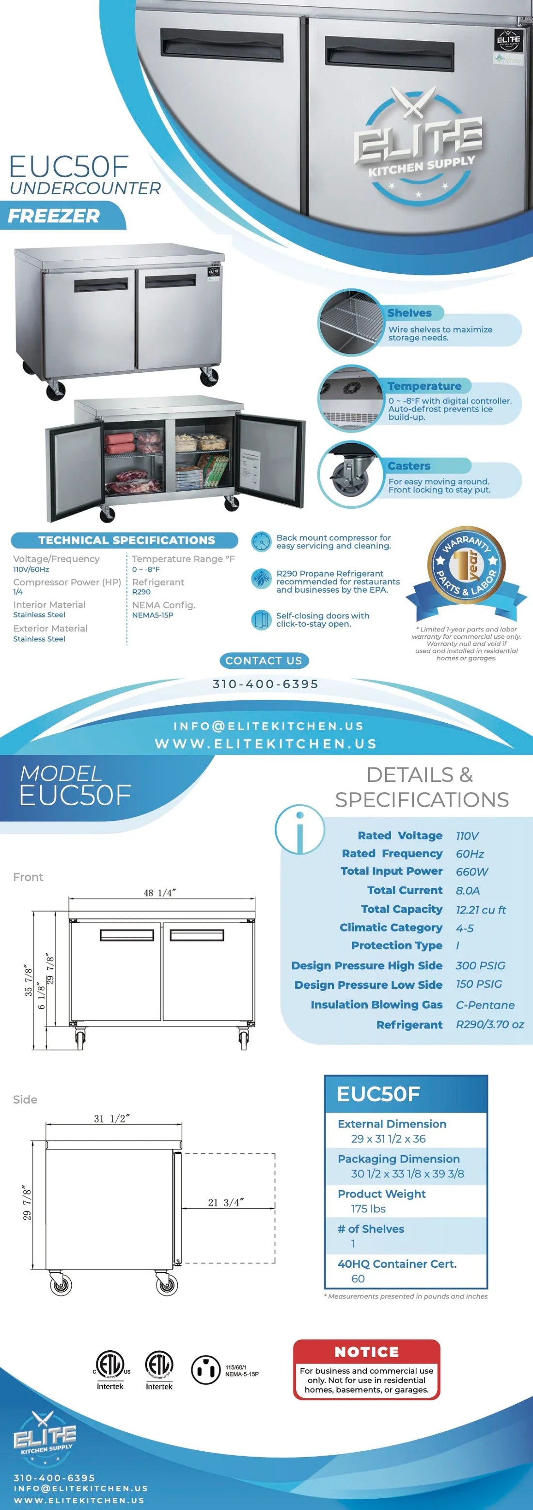 EUC50F 2 Door Undercounter Commercial Freezer - Energy Efficient Stainless Steel Restaurant Freezer for Kitchen, Bar, or Convenience Store Use
