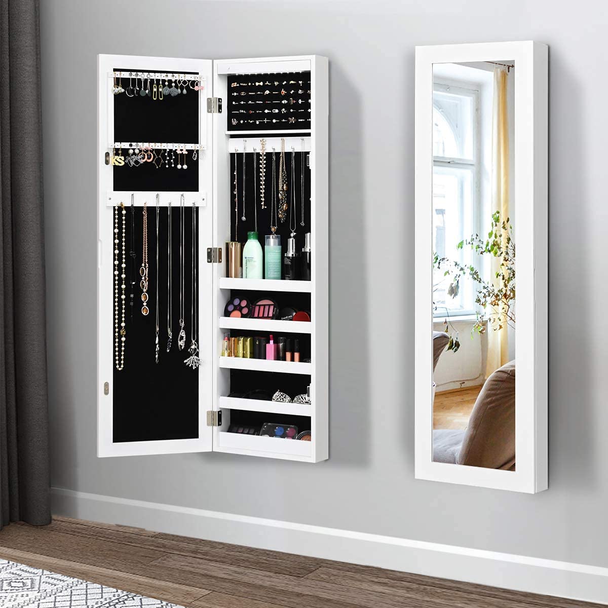 Byroce Jewelry Armoire Cabinet with Full Length Mirror - Lockable Over The Door Jewelry Organizer with 12 LED Lights for Women & Girls - Perfect for Bedroom, Closet or Dressing Room Organization