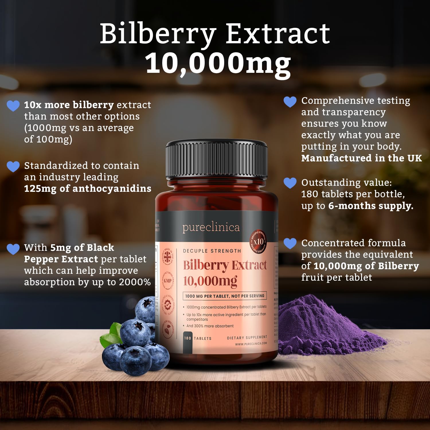 PureClinica Bilberry Extract 10,000mg - 1080 Tablets (6 Bottles x 180) with 10X More Anthocyanidins - Supports Eye Health & Antioxidant Benefits for Vision Care and Night Vision Enhancement
