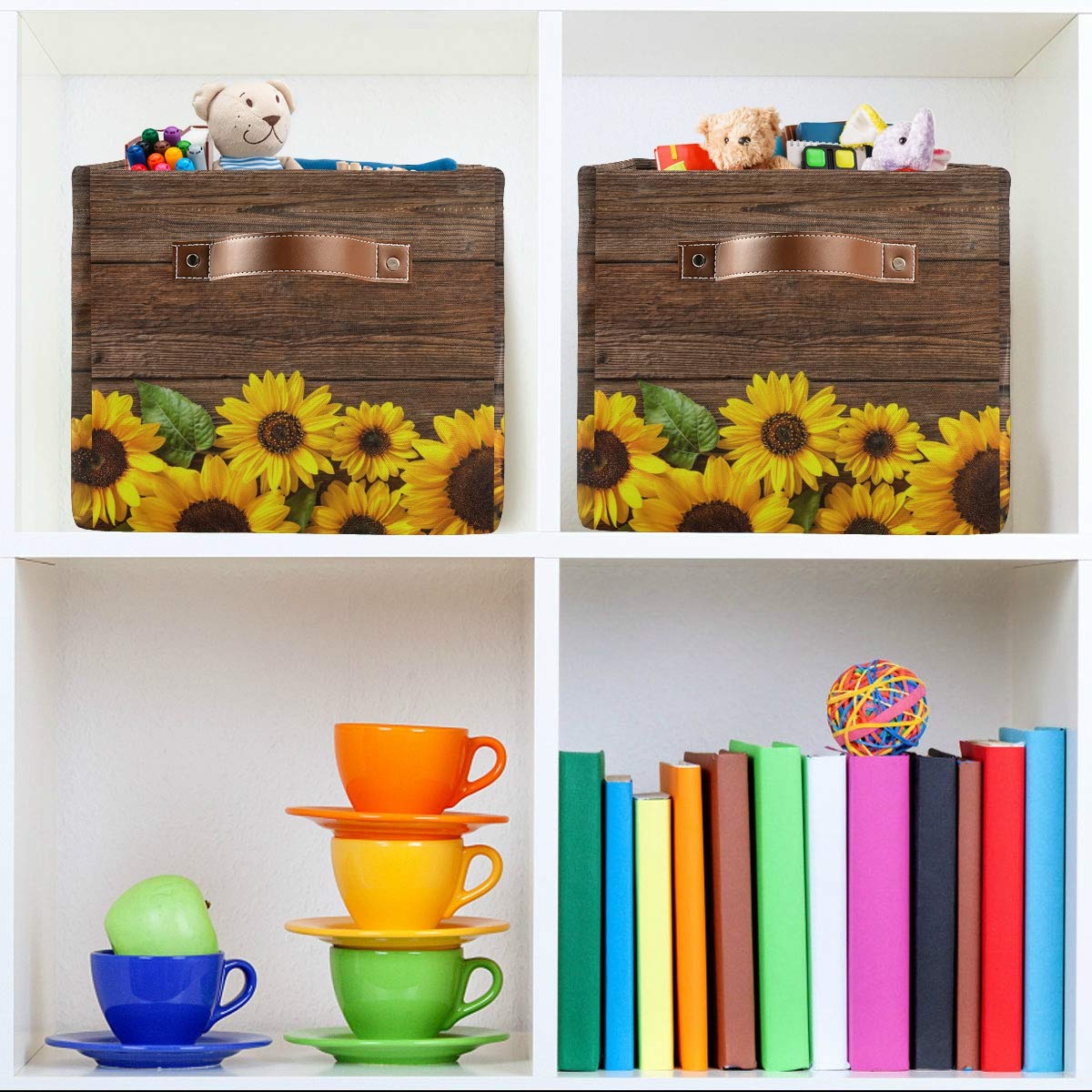 Floral Sunflower Collapsible Storage Basket with PU Leather Handles - Foldable Fabric Bin for Toys, Wardrobe & Closet Organization - Perfect for Nursery, Playroom & Home Decor Storage Solutions