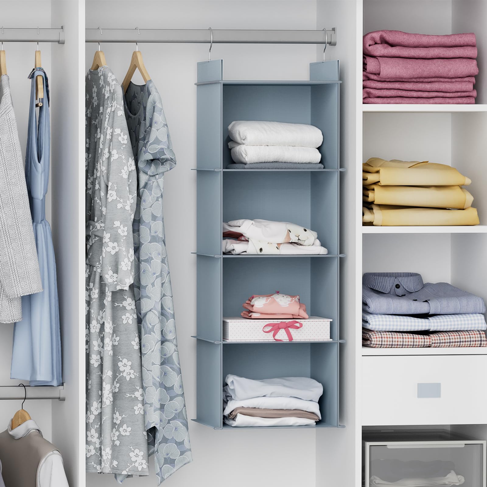 4-Shelf Hanging Closet Organizer - Space Saving Storage Shelves for Clothes, Shoes & Accessories - Perfect for Bedroom, Dorm & Small Spaces (Grey)