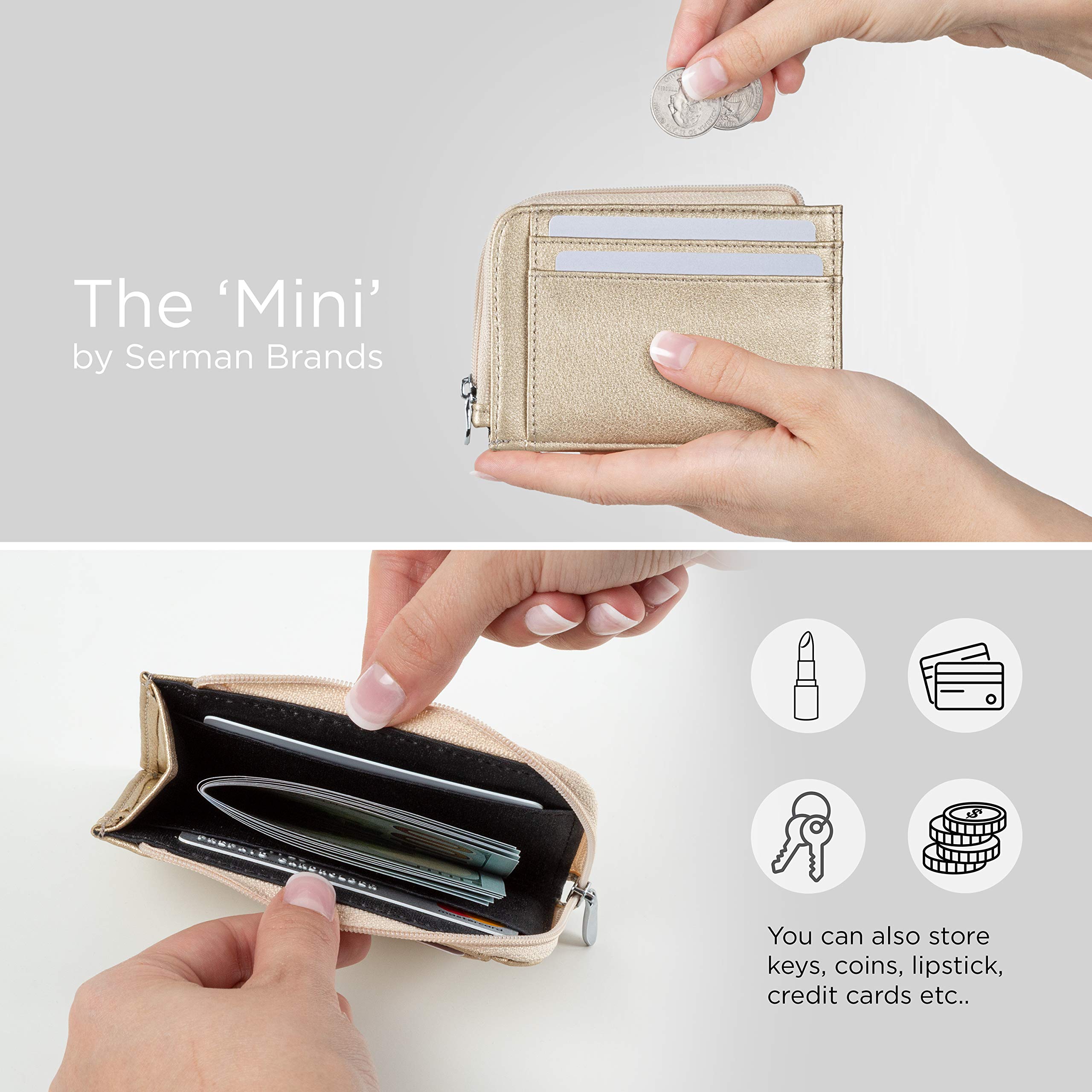 SERMAN BRANDS RFID Blocking Leather Wallet for Women - Compact Small Zipper Pocket Purse with Credit Card Holder | Luxury Minimalist Design for Everyday Use, Travel & Shopping