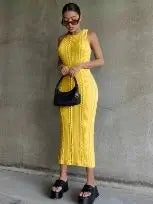 Autumn Winter Women's Solid Color Crochet Midi Dress - Sleeveless O-Neck Bodycon Knit Sweater Dress for Party, Date Night & Elegant Occasions | Sexy Knitted Outfit for Women