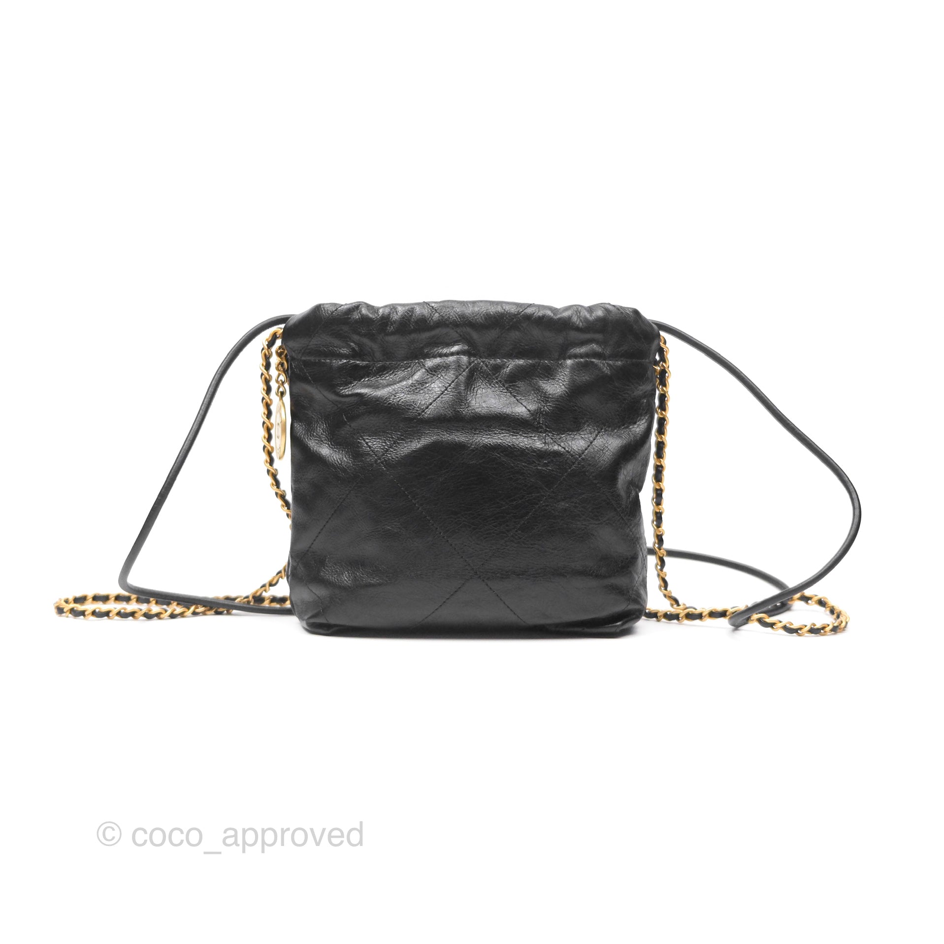 Chanel 22 Quilted Logo Mini Bag with Pearl Chain - Black Shiny Crumpled Calfskin Crossbody Purse for Women | Luxury Designer Handbag for Evening Parties, Date Nights & Special Occasions