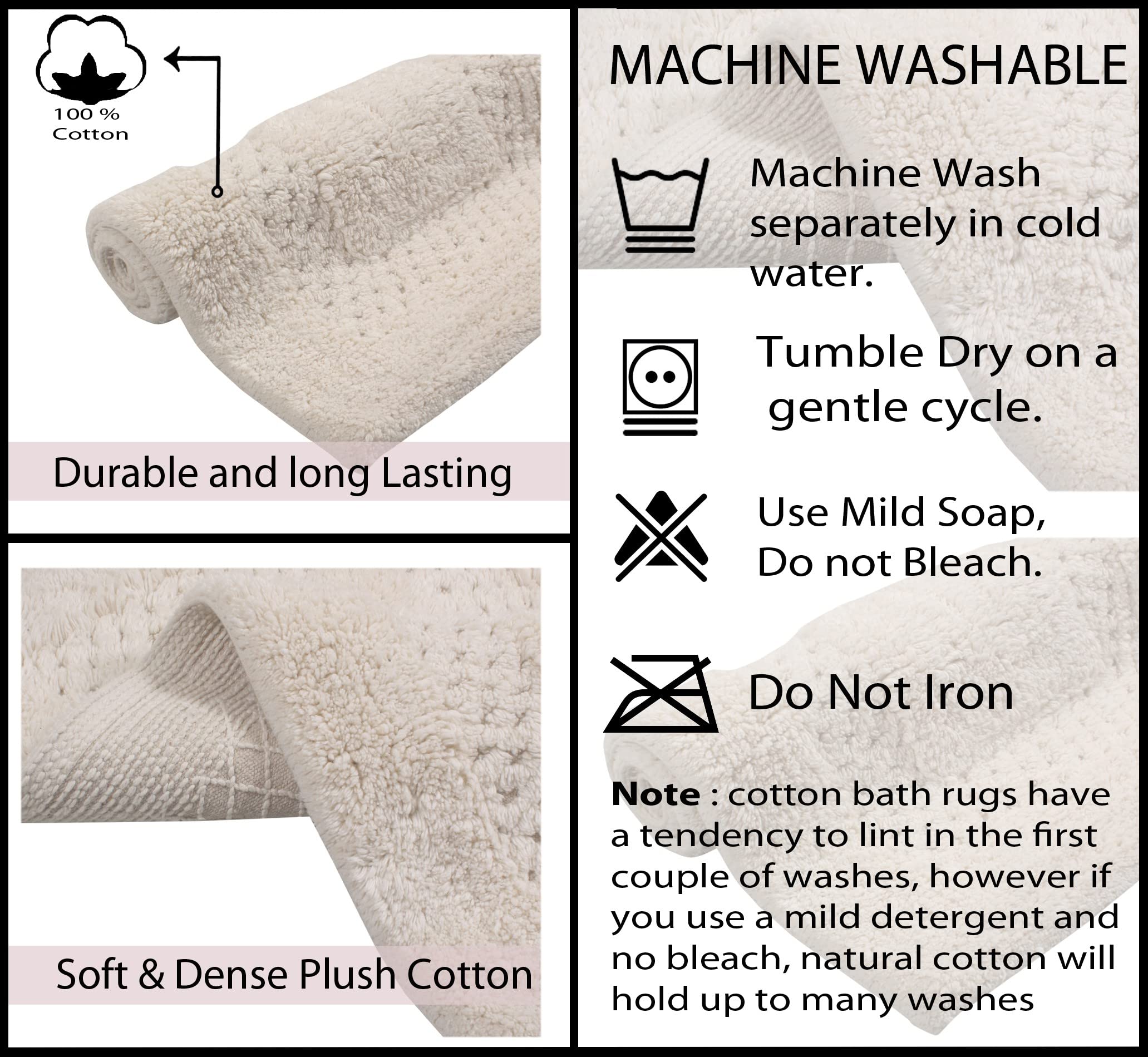 Premium 100% Cotton Bath Mat Set - Ultra Soft Absorbent Non-Slip Bathroom Rugs, Washable Contour Bath Mats for Bathroom & Kitchen Floor, 3-Piece Ivory Set - Perfect for Spa-Like Comfort & Safety