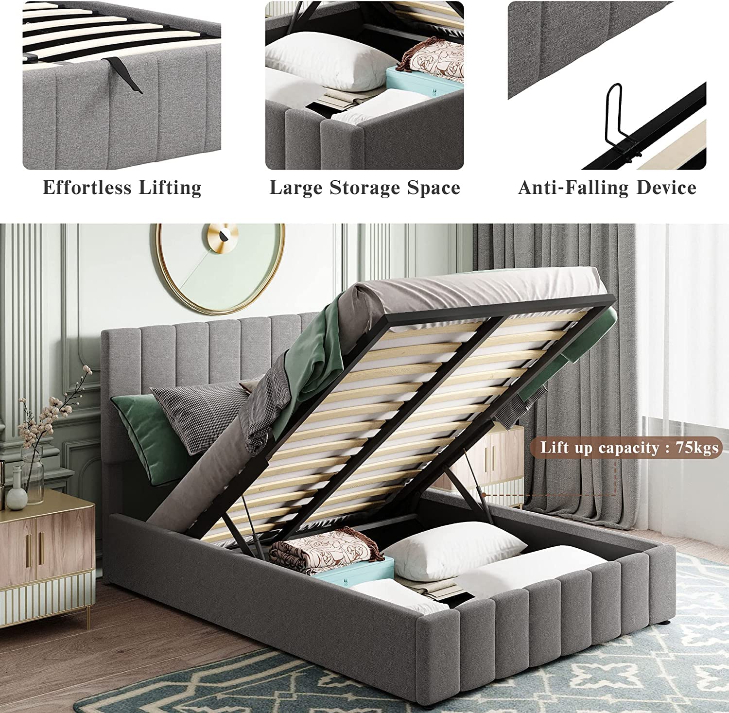 Full Size Upholstered Platform Bed with Gas Lift Hydraulic Storage System & Tufted Headboard - Modern Gray Wooden Bed Frame for Small Space Bedroom Organization | Perfect for Apartments, Guest Rooms & Studio Living