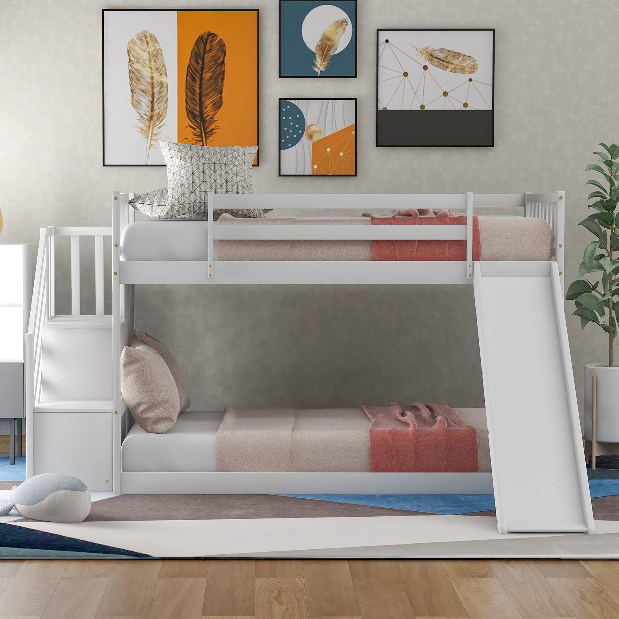 Twin Size Bunk Bed with Stairway & Convertible Slide - White Wood Bunk Bed Frame with Safety Guardrails, No Box Spring Needed - Space-Saving Twin Over Twin Bunk Bed for Kids' Bedroom, Dorm Room, or Small Space