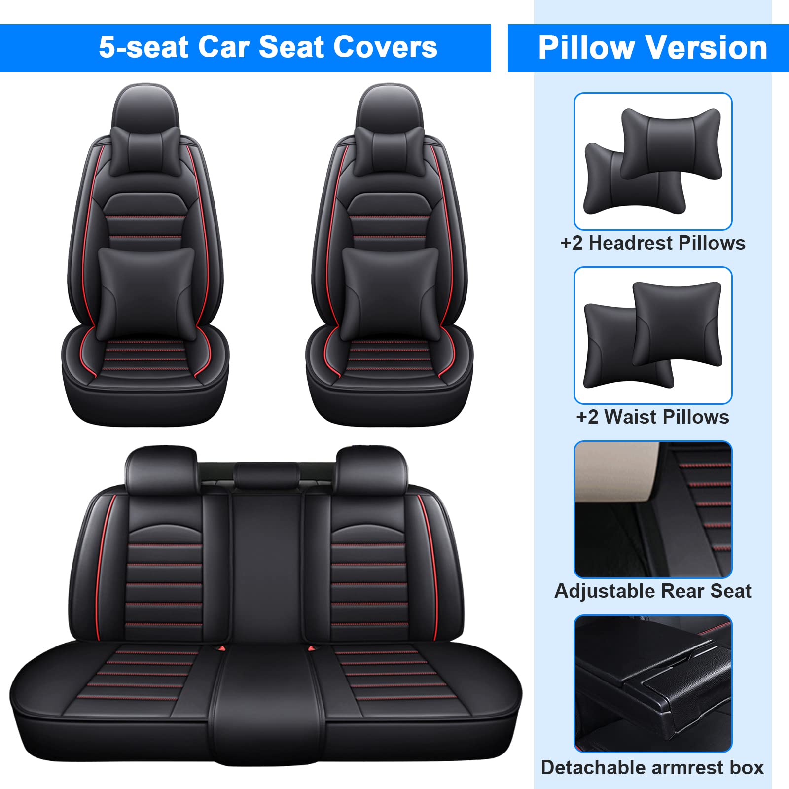 Premium Full Coverage Car Seat Covers for Sedan, SUV & Truck - Universal Fit for Honda Civic, Insight & More (Black/Red) - Includes 4 Comfort Pillows - Perfect for Road Trips, Daily Commute & Vehicle Protection