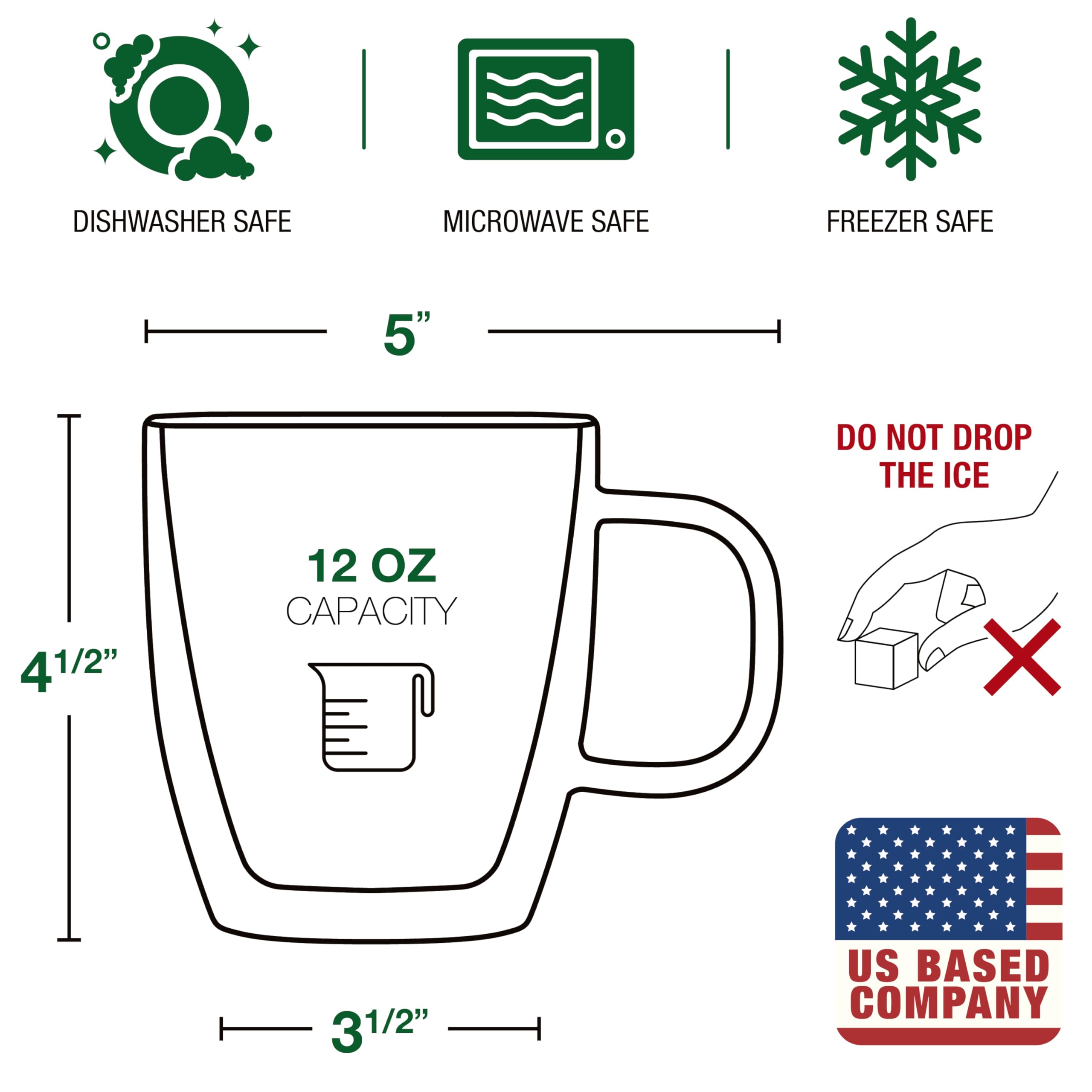 Eparé 12 oz Double Wall Coffee Mugs Set of 2 - Large Iced Latte Glass Cups with Handle - Lightweight Insulated Coffee Mug for Cappuccino, Tea & Espresso - Perfect for Home, Office & Gifts