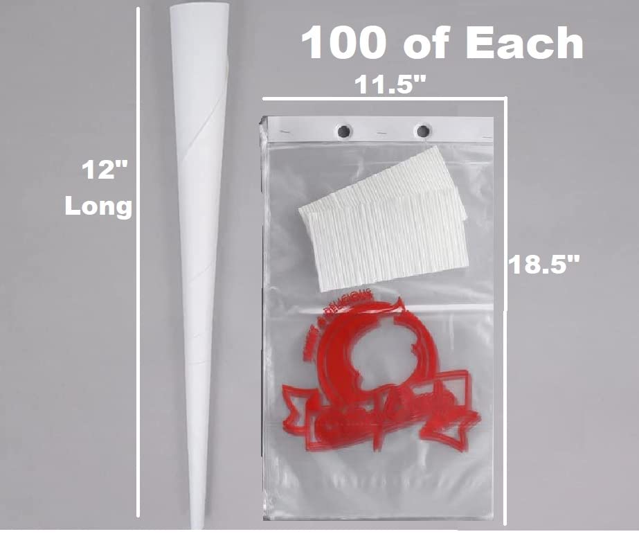 Oasis Supply 200-Piece Cotton Candy Kit - 100 Heavy-Duty White Cones & 100 Printed Bags for Carnival, Party, and Fair Treats