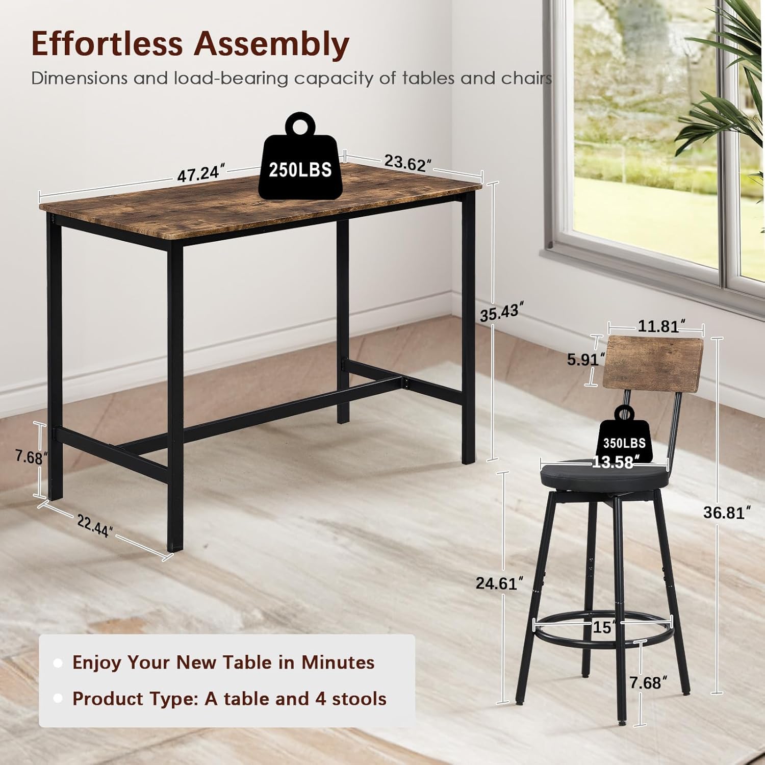 Industrial Bar Table and Stools Set of 4 - 42