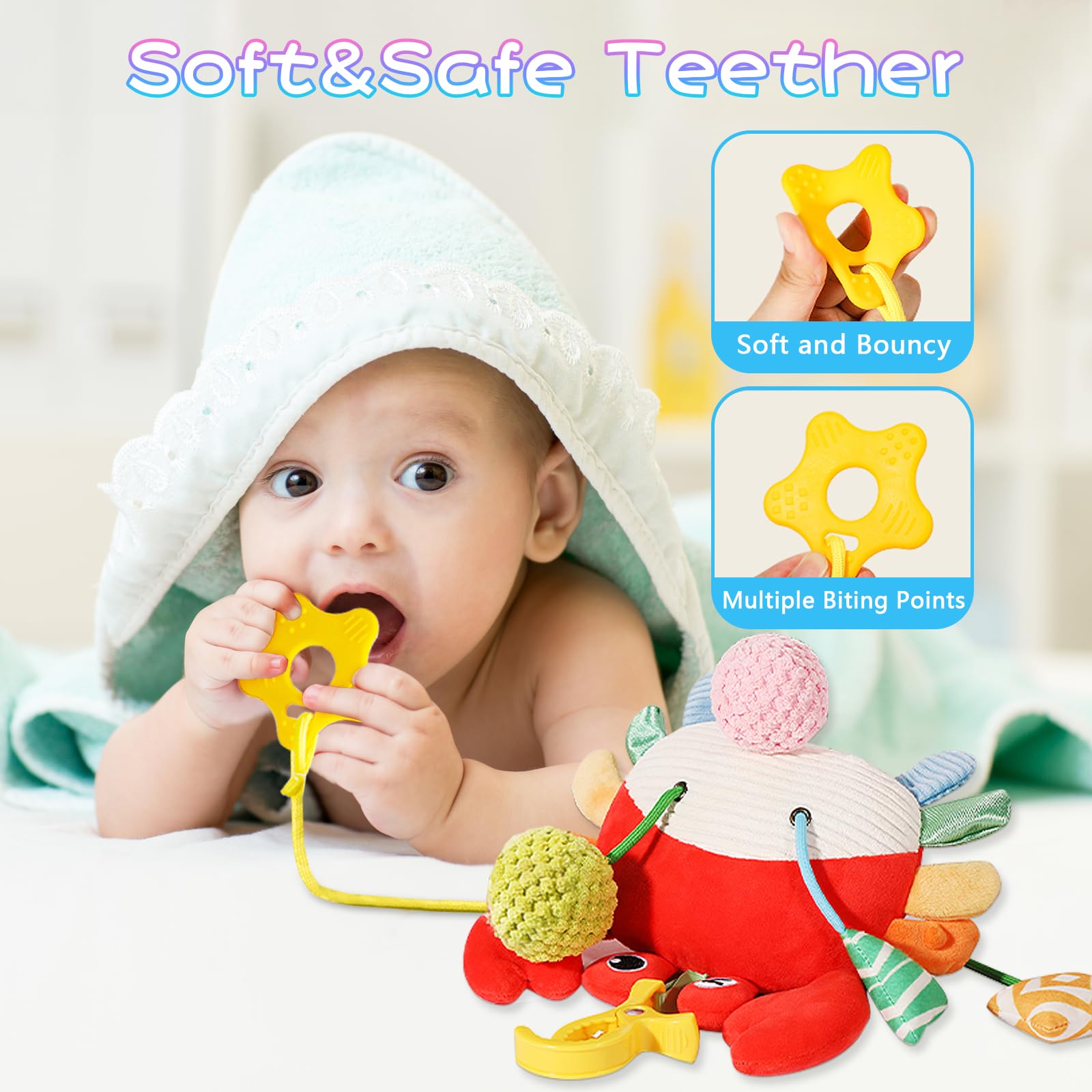 Best Baby Car Seat Toys for 0-6 Months - Soft Crab Stroller Toy with Clamp, Mirror, Rattle & Crinkle Sounds - Perfect Newborn Developmental Toys for 3-6 Months - Ideal Gift for Infants 0+ (Great for Strollers, Car Seats & Playtime)