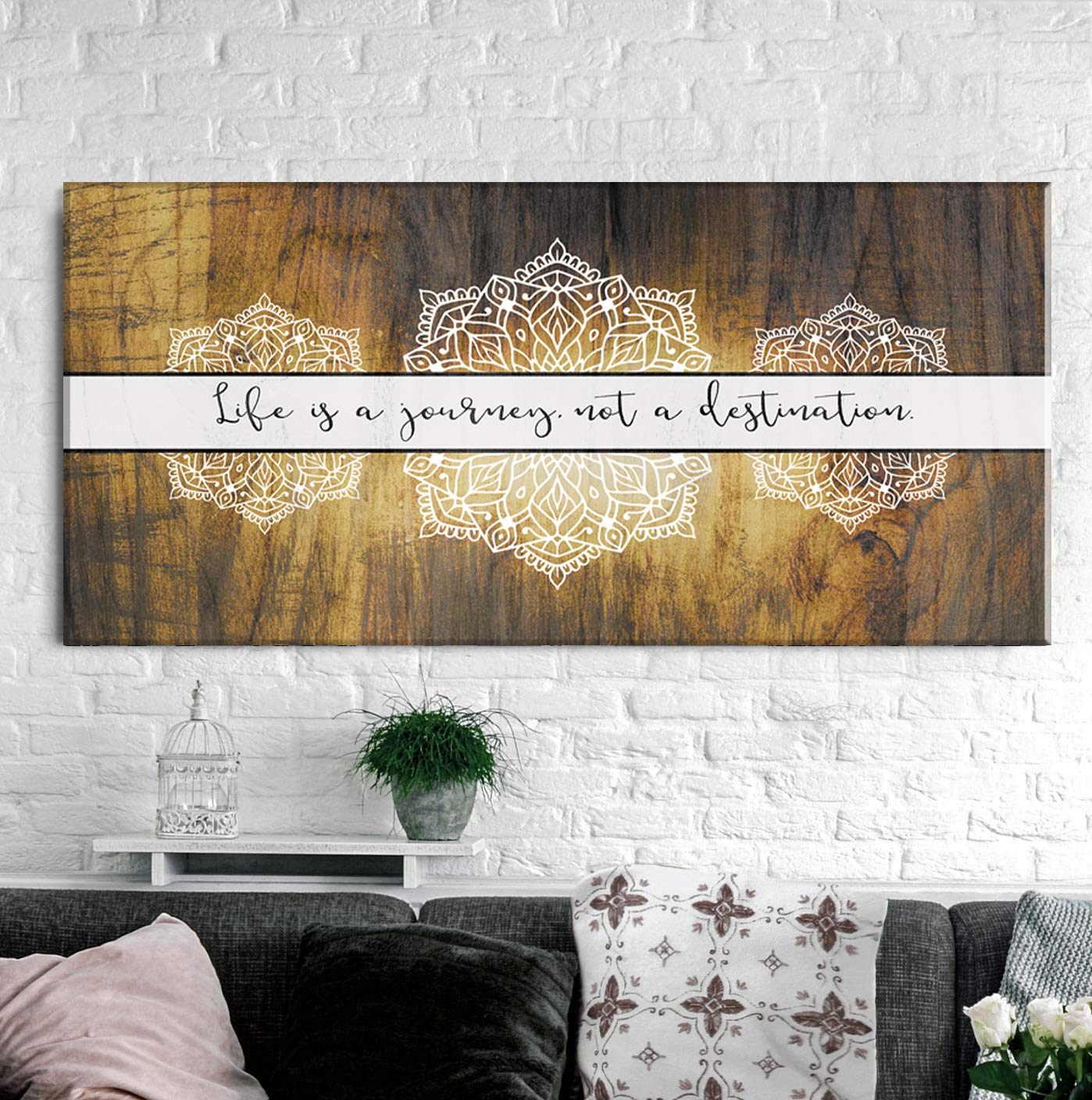 Boho Life Is A Journey Sign - Large Canvas Wall Art with Bohemian Floral Pattern | Modern Home Decor for Bedroom | Framed Yellow Gold Poster (42x19) - Perfect for Bohemian Style Living Room, Bedroom or Office Decor