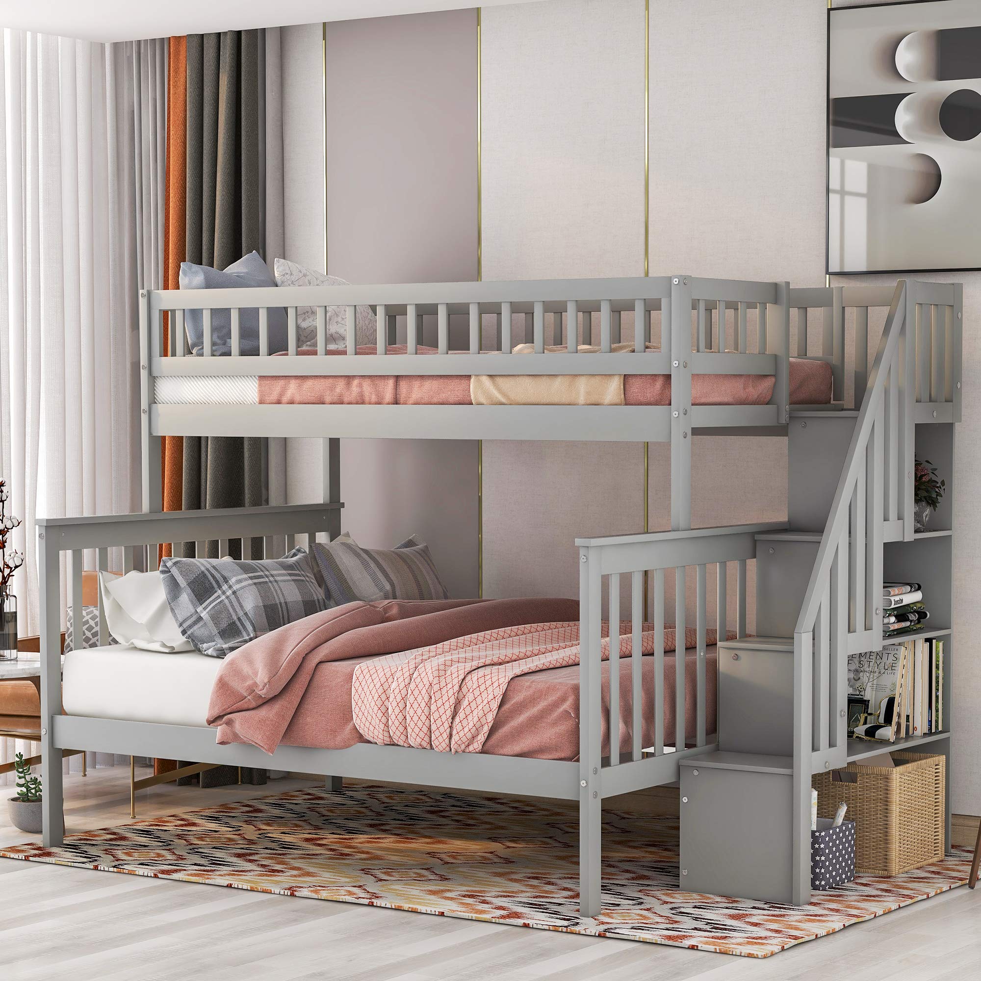Twin Over Full Bunk Bed Frame for Kids - Solid Wood Bunk Beds with Storage, Safety Rail & Stair Loft in Grey | Space-Saving Kids Bedroom Furniture for Siblings or Sleepovers