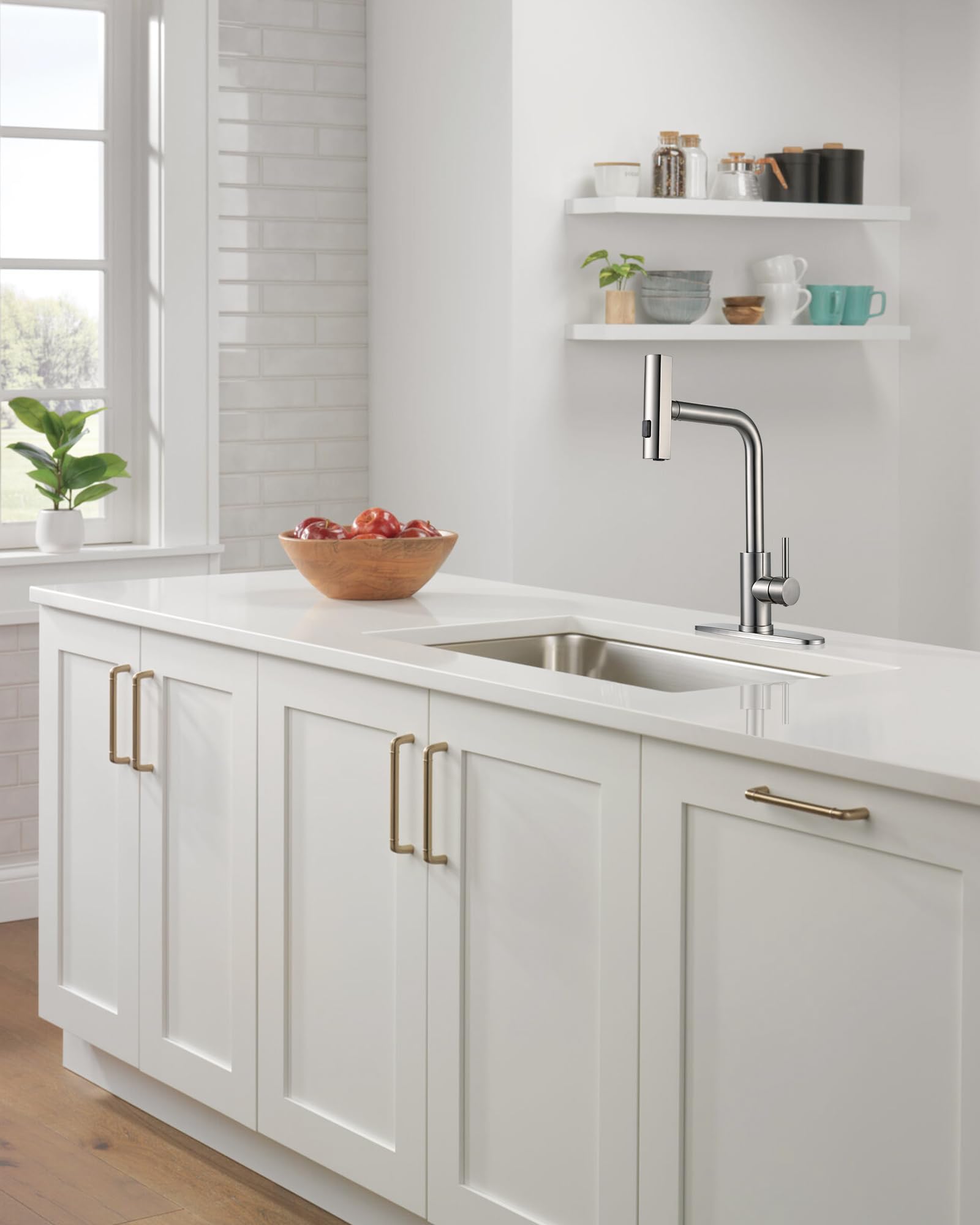 Peppermint Waterfall Kitchen Faucet with Pull Down Sprayer - Single Handle Stainless Steel Sink Faucet - 3 Function Brushed Nickel RV Faucet for Kitchen & RV Use - Perfect for Modern Homes & Campers