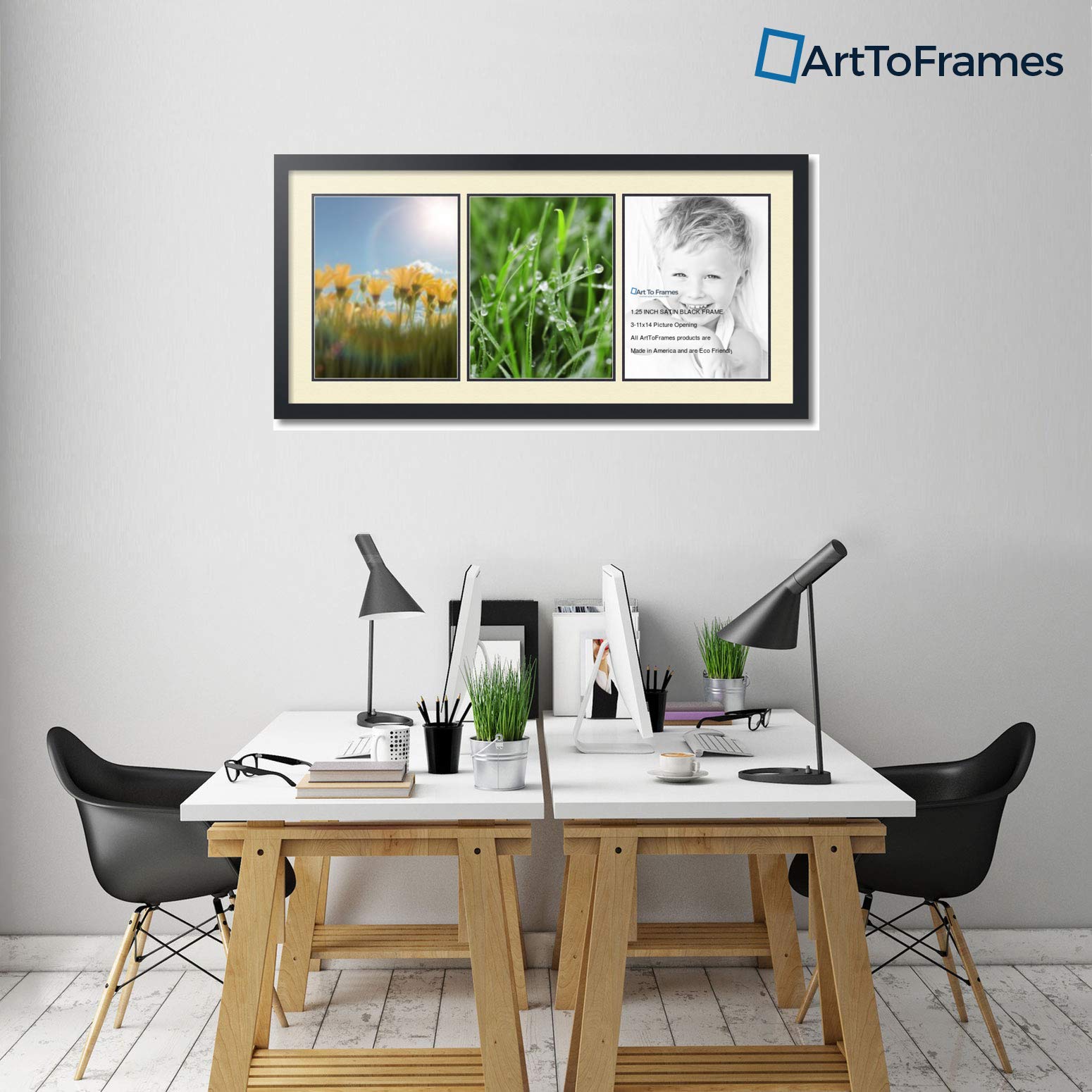 ArtToFrames 11x14 Inch Collage Picture Frame - Triple Opening Black Wood Frame with Oyster Mat for Wall Display | Perfect for Family Photos, Wedding Memories & Home Decor
