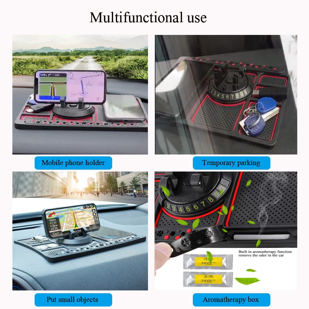 Non-Slip Car Dashboard Phone Pad - Universal 360° Anti-Slip Mat for 4-in-1 Phone Holder with Aromatherapy Diffuser & Parking Card Slot | Perfect for Road Trips, Commuting and Hands-Free Driving