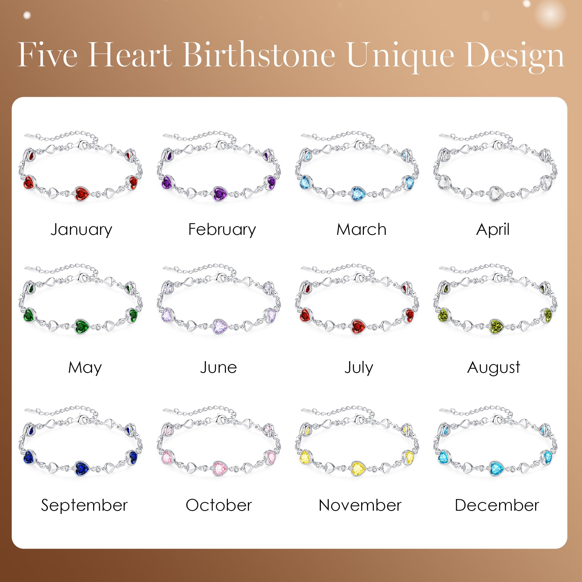 LOUISA SECRET 925 Sterling Silver Five Love Heart Birthstone Charm Link Bracelet for Women - Elegant Jewelry Gift for Wife, Mom, Girlfriend - Perfect for Birthday, Anniversary, Christmas & Everyday Wear