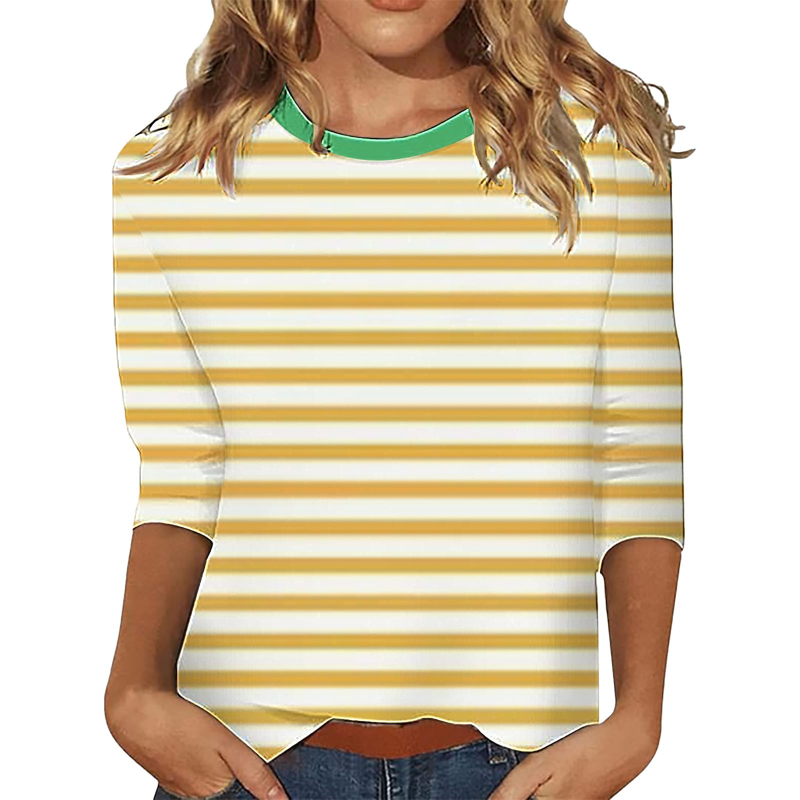 Women's 3/4 Sleeve Crewneck Striped Tunic Tops - Casual & Dressy Printed Blouses for Work, Office & Everyday Wear