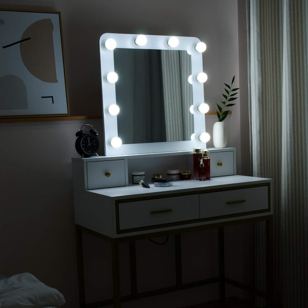 GBB White Steel Frame Vanity Table with Single Square Mirror, 10 Light Bulbs & 4 Drawers - Modern Dressing Table for Home Bedroom, Hair Salon & Studio Makeup | Perfect for Daily Beauty Routine, Professional Styling & Photography Sessions (07715485)