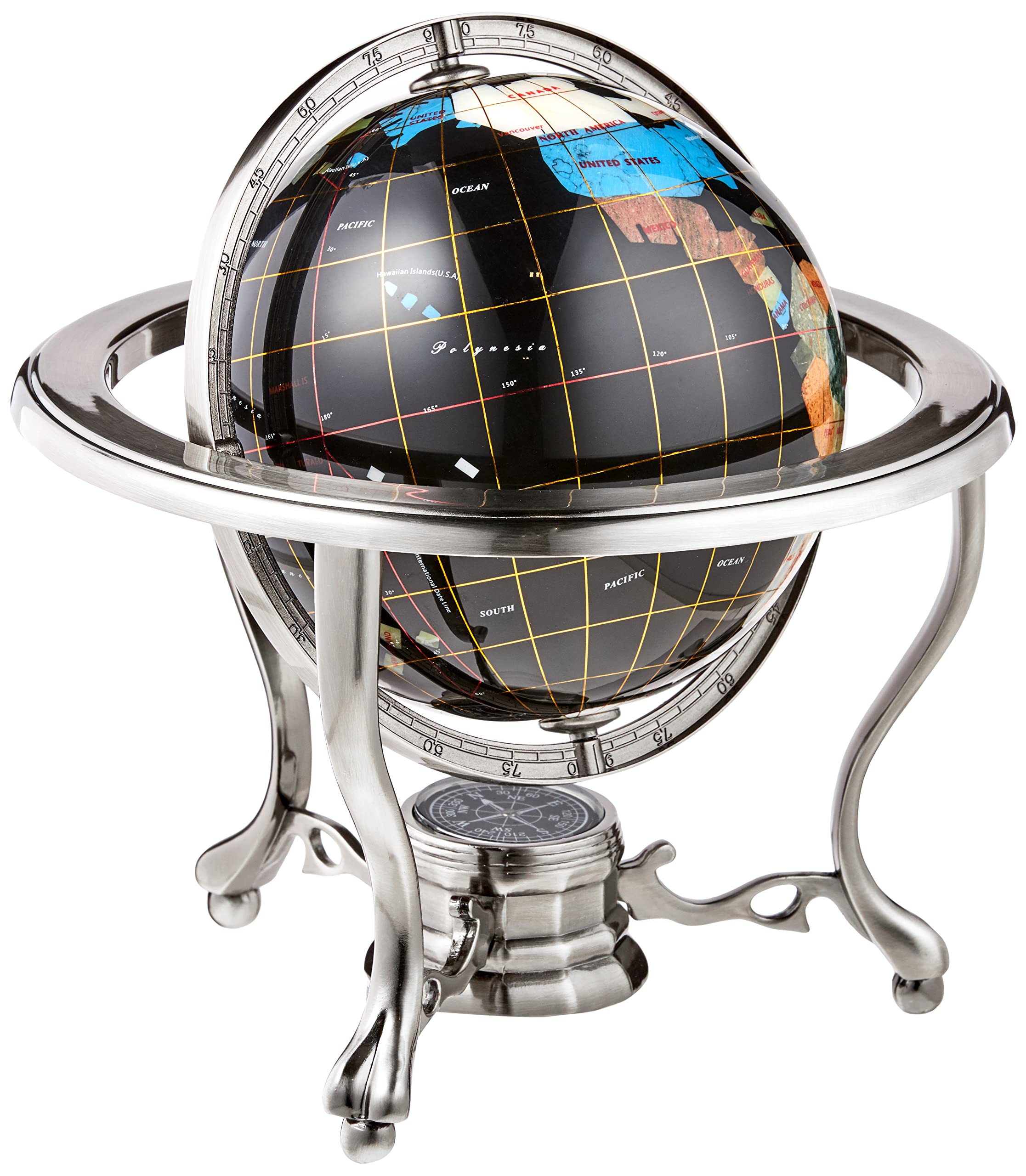 10-Inch Black Onyx Ocean Gemstone World Globe with Silver Tripod Stand - Unique Handcrafted Tabletop Decor for Home, Office & Gifts | Perfect for Travel Lovers & Geography Enthusiasts