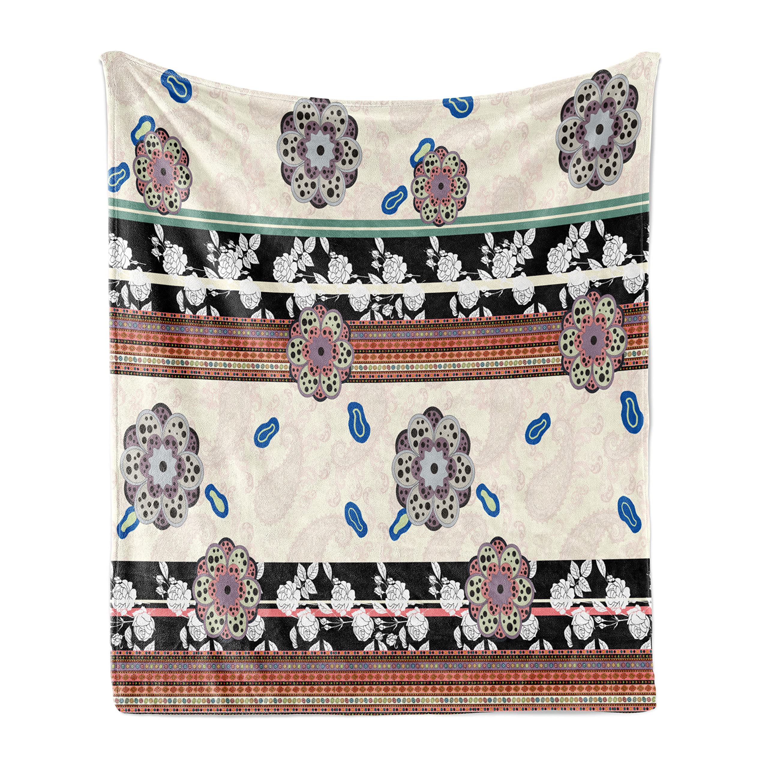 Ambesonne Floral Throw Blanket - Soft Fleece Blanket with Abstract Dotted Petals & Oriental Stripes - 50
