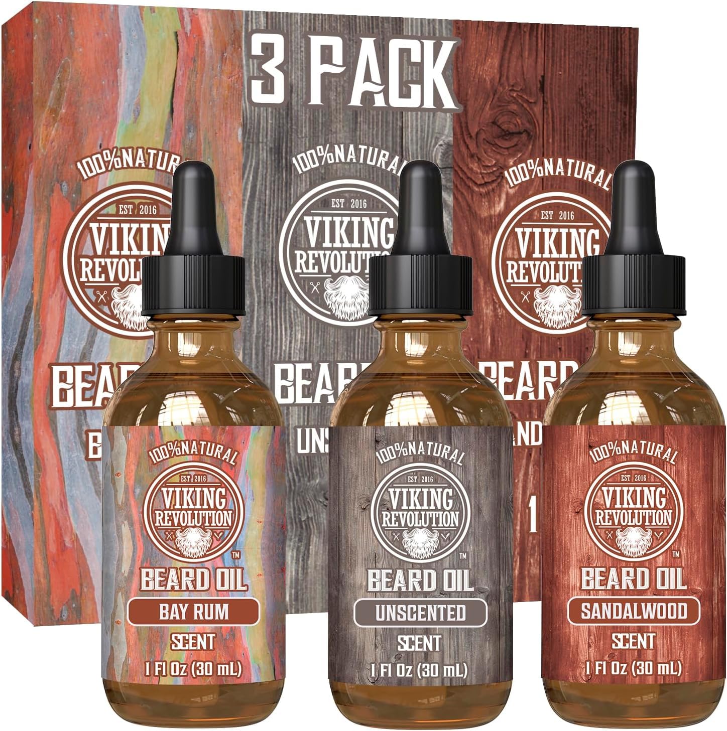 Viking Revolution Beard Oil for Men 3 Pack - Natural Sandalwood, Unscented & Bay Rum Beard Oil Set - Conditioning & Moisturizing Treatment for Healthy Facial Hair - Perfect for Daily Grooming, Beard Care Routine & Gift for Men (3 x 1oz)