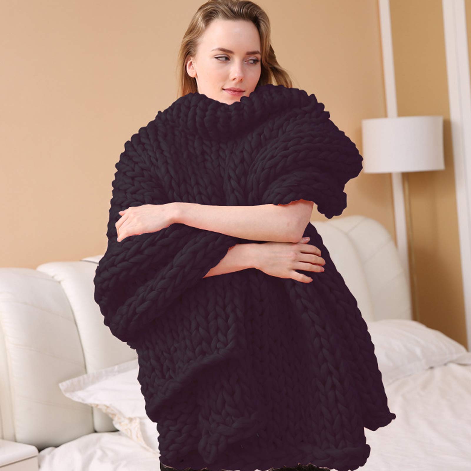 Chunky Knit Wool Blanket - Handmade Chenille Throw Blanket for Sofa, Yoga Mat & Chair - Large Cozy Home Decor for Living Room, Bedroom & Outdoor Use
