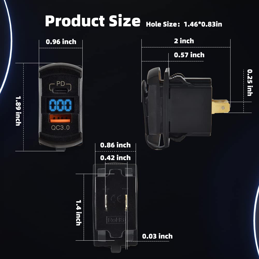 Waterproof USB C Rocker Switch with Dual PD & QC3.0 Fast Charging, 12V/24V Blue LED Voltmeter - Marine Grade USB Charger Socket for RV, Boat, Truck & Off-Road Vehicle Dashboards