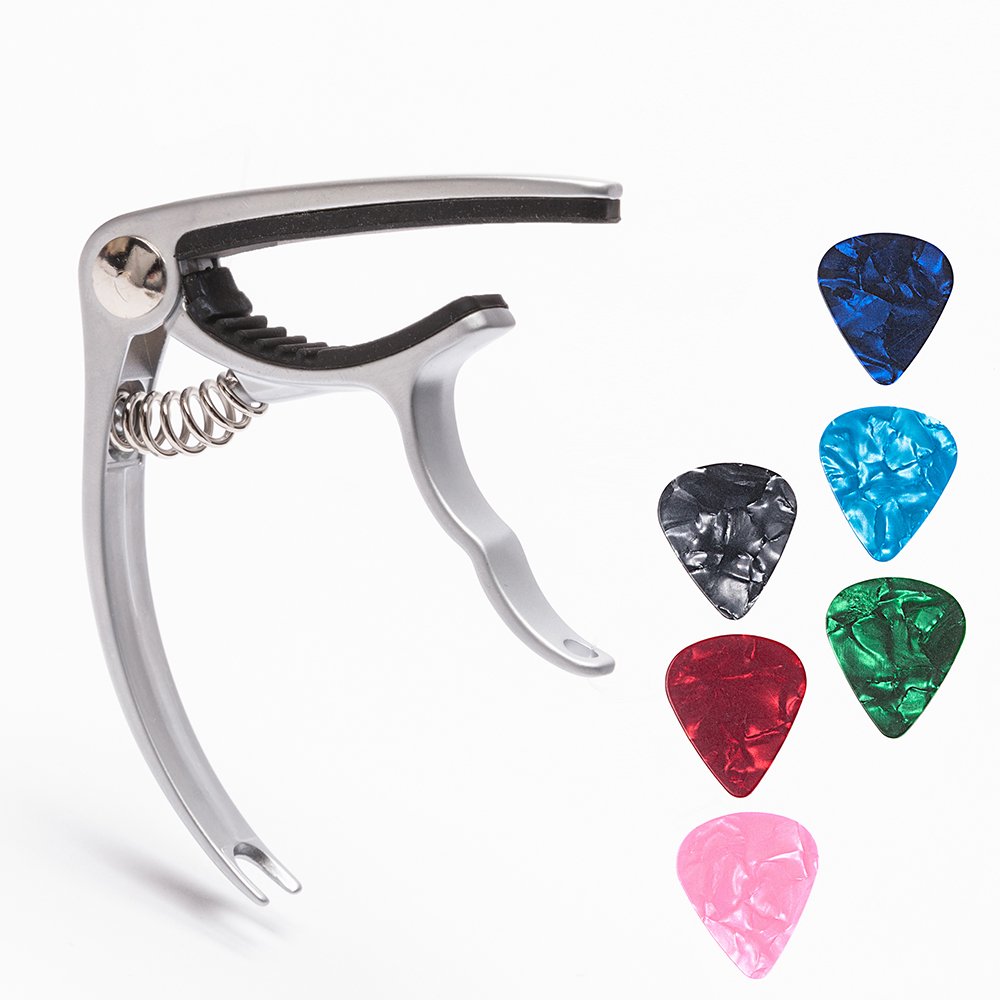 Premium Guitar Capo with 6 Free Picks - Quick Change Capo for Acoustic, Electric Guitars, Ukulele & Banjo (Silver) - Perfect for Live Performances, Studio Recording & Practice Sessions