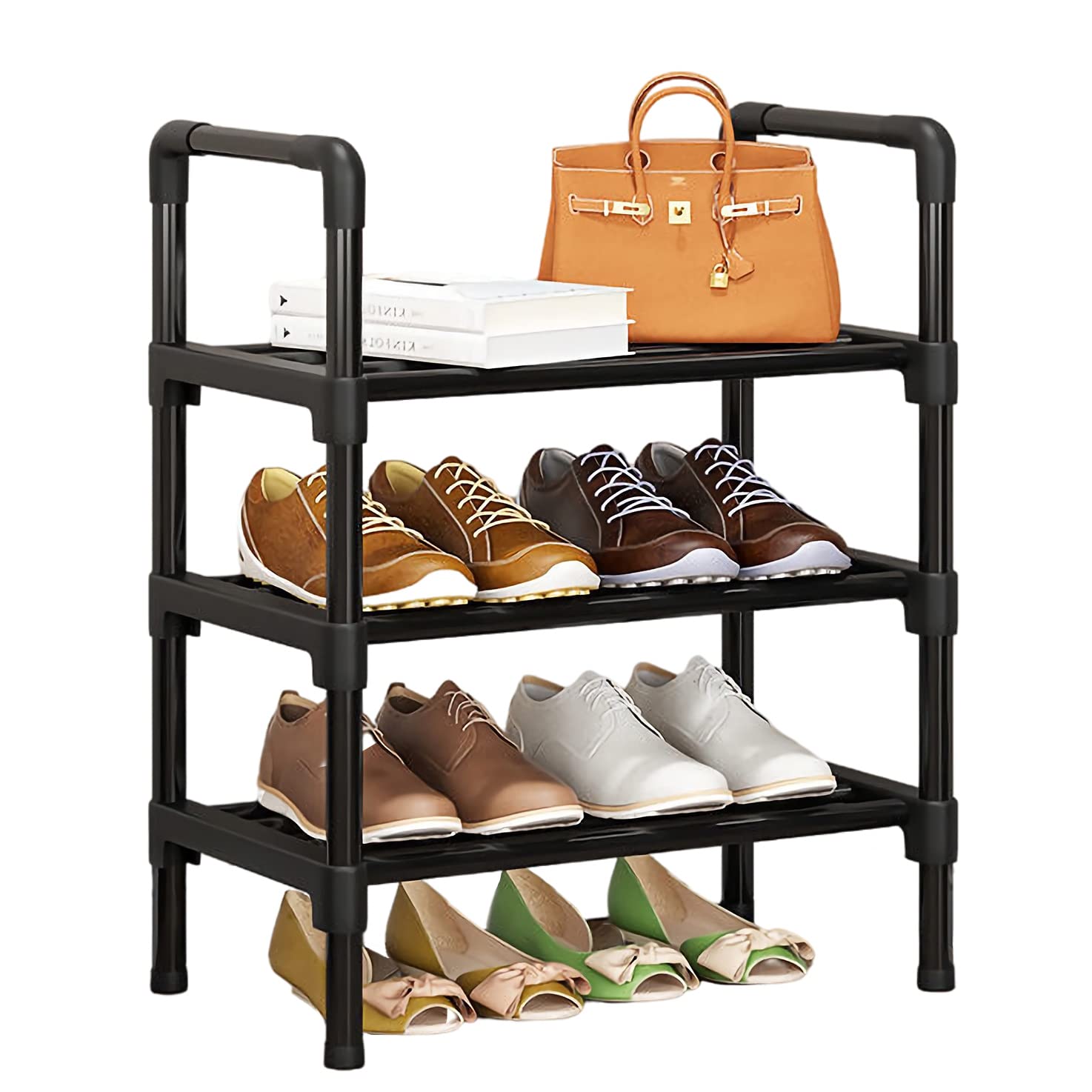 3-Tier Stackable Shoe Rack with Handle - Space Saving Shoe Organizer for Small Spaces, Anti-Rust Coated Black Shoe Shelf - Perfect for Apartments, Dorms, Closets & Entryway Storage