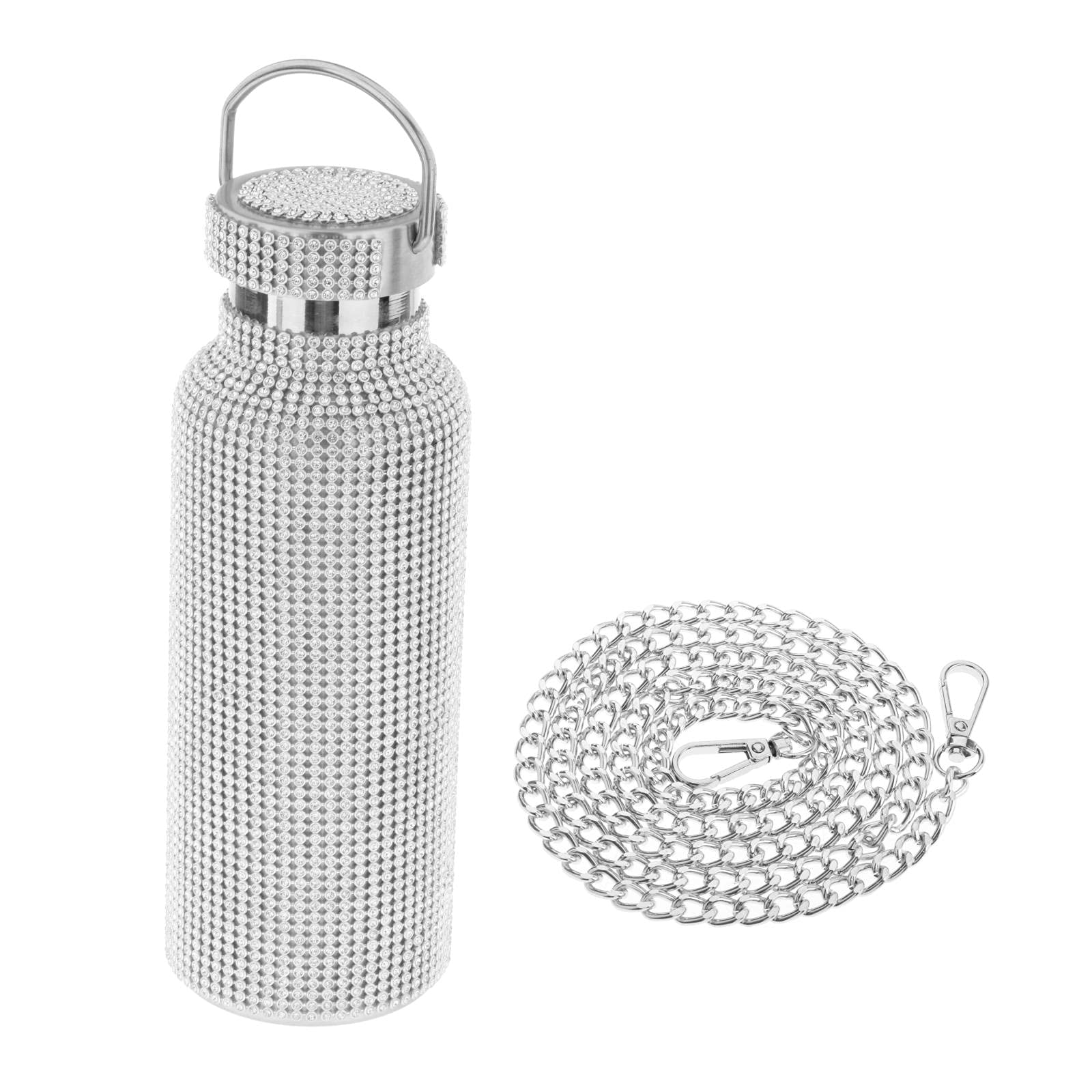 Stainless Steel Insulated Water Bottle with Chain Glitter & Diamond-Encrusted Design - 500ML Leakproof Thermos Mug for Women, Outdoor, Gym & Travel - BPA Free Reusable Drinkware for Coffee, Tea & Milk
