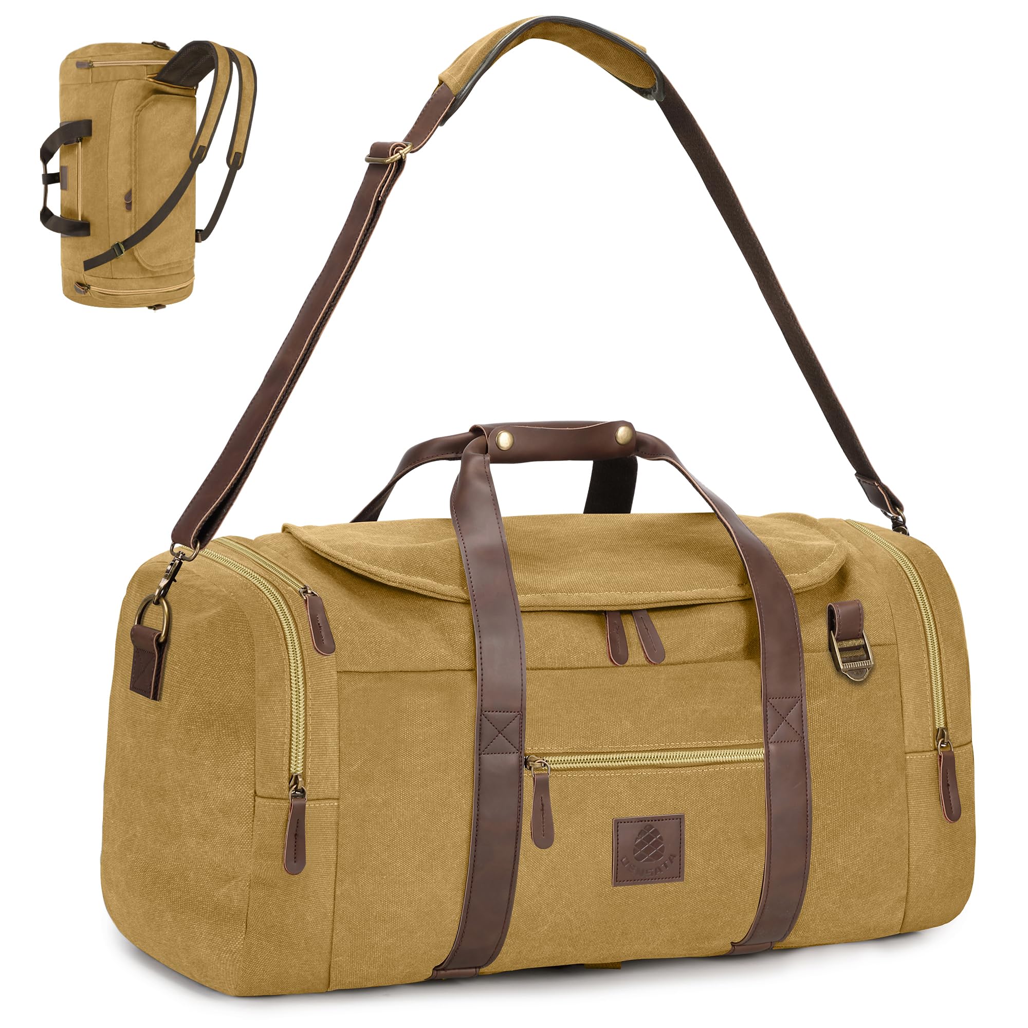 50L Waxed Canvas Duffle Bag for Men - Vintage Genuine Leather Travel Duffel, Weekender Overnight Backpack with Shoes Compartment (Khaki, Large) - Perfect for Gym, Business Trips & Weekend Getaways