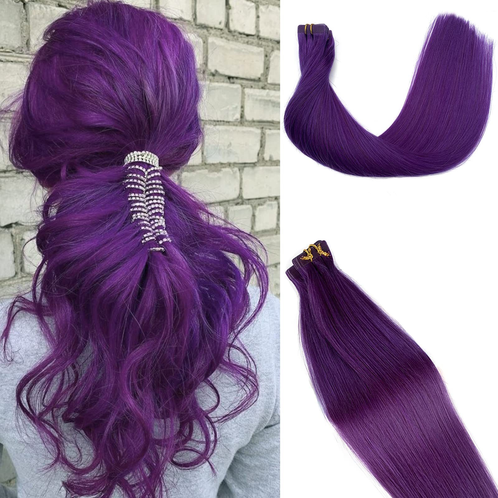 Smavida 20inch Tape in Hair Extensions - 100% Human Remy Hair, Soft Straight Seamless Skin Weft, Purple Highlights (20pcs, 50g/pack) - Perfect for Parties, Weddings & Daily Styling