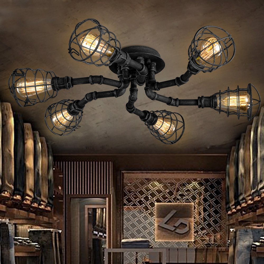 6-Light Industrial Cage Pipe Pendant Light - Vintage Rustic Black Iron Metal Hanging Lamp with Edison Bulbs, Semi-Flush Mount Ceiling Chandelier for Farmhouse, Loft & Industrial Decor