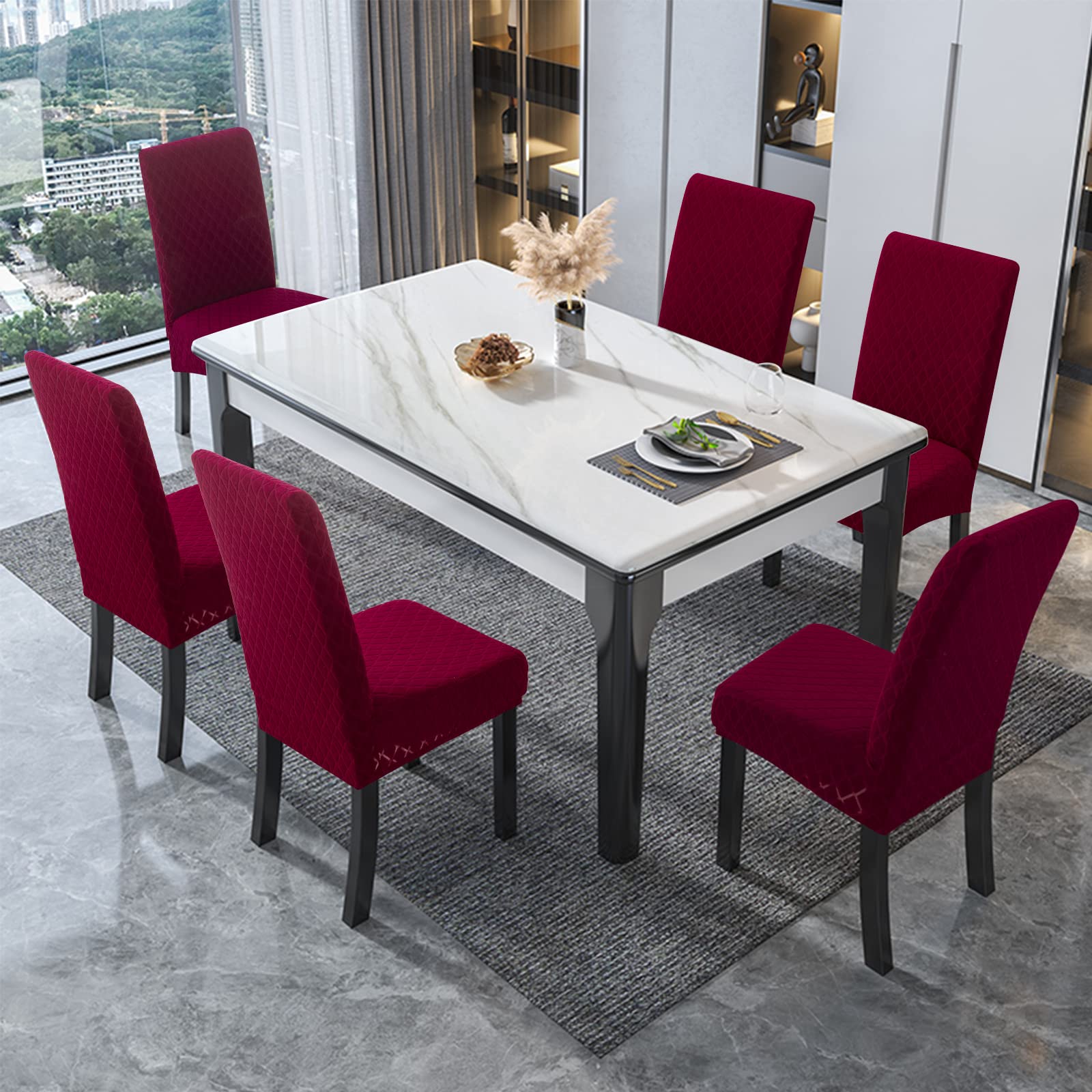 Waterproof Stretch Jacquard Dining Chair Covers - 6 Pack Removable Washable Slipcovers for Kitchen, Restaurant, Hotel (Argyle-Wine Red) | Spill Protection & Home Decor Upgrade