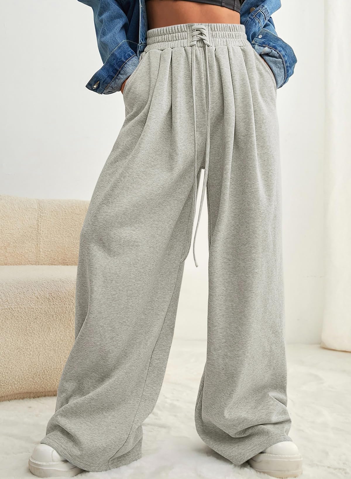 **Aleumdr Women's High Waisted Wide Leg Sweatpants – Trendy 2025 Fashion, Drawstring Loose Fit Long Pants with Pockets – Perfect for Casual Wear, Lounging & Travel**