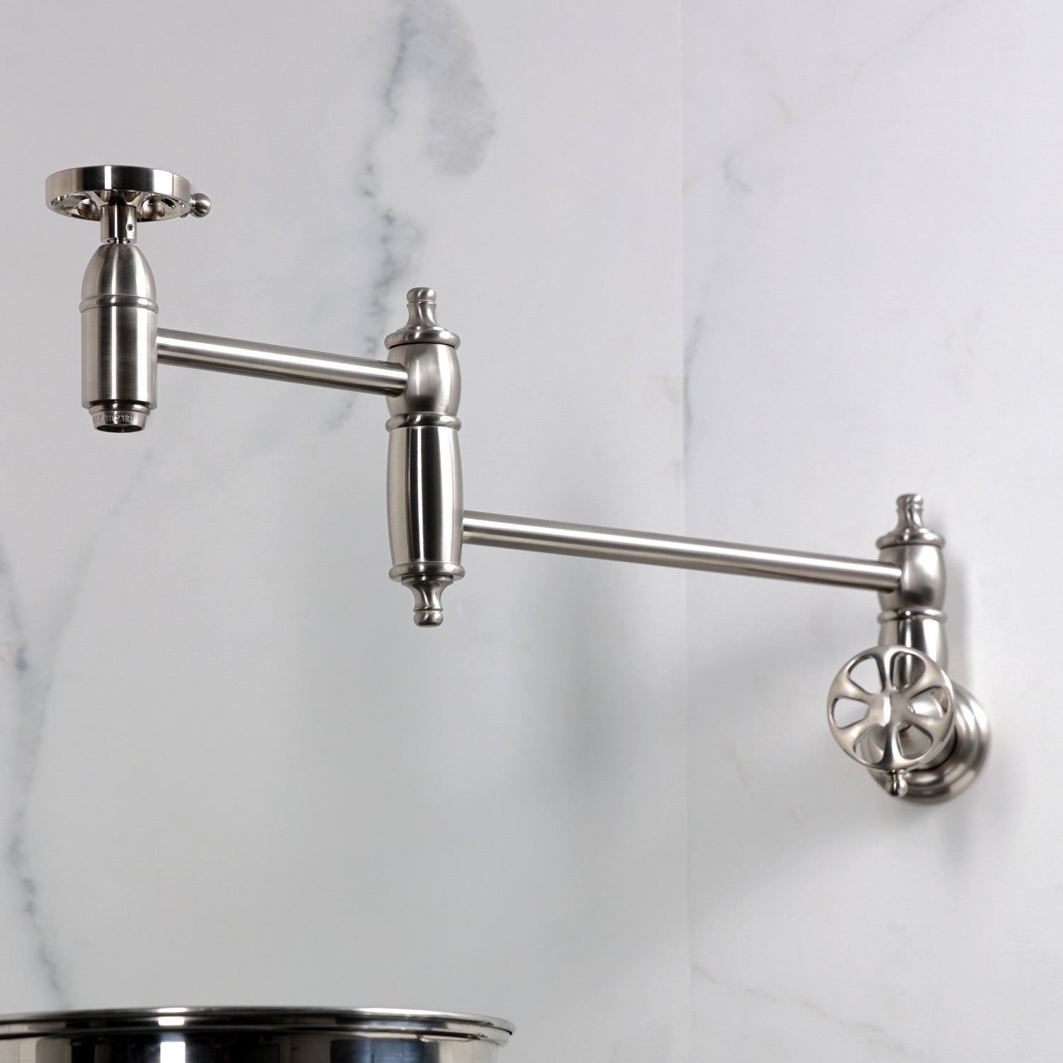 Belknap KS3108RX Brushed Nickel Two Handle Wall Mount Pot Filler Faucet - Perfect for Kitchen Sink, Stove & Cooking Area Water Dispenser