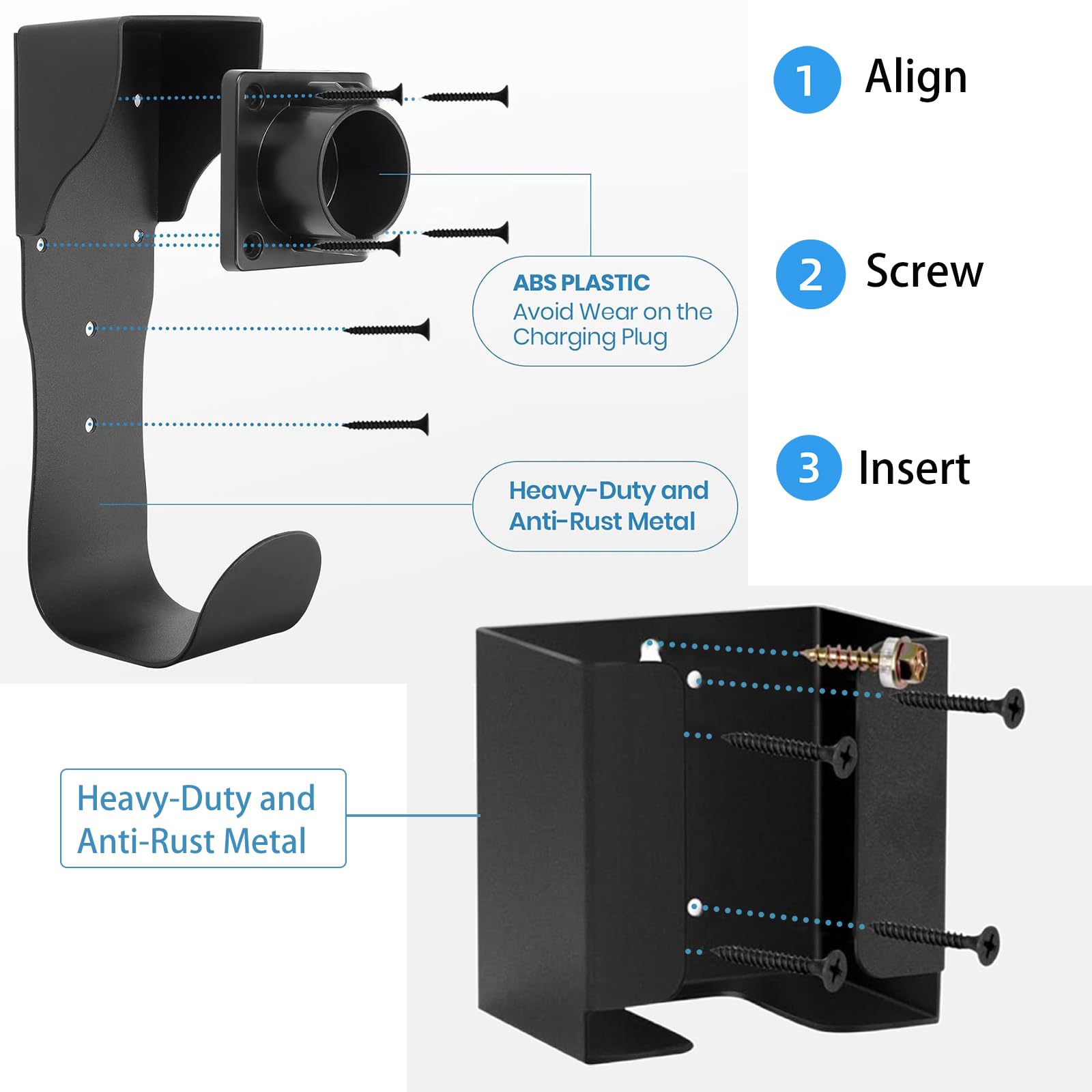 EV Charger Holder Kit - Wall Mount Cable Organizer for SAE J1772 & Tesla Chargers - Includes Charging Box Holder, J-Hook & Nozzle Holster - Perfect for Garage, Parking Lot & Home EV Charging Stations
