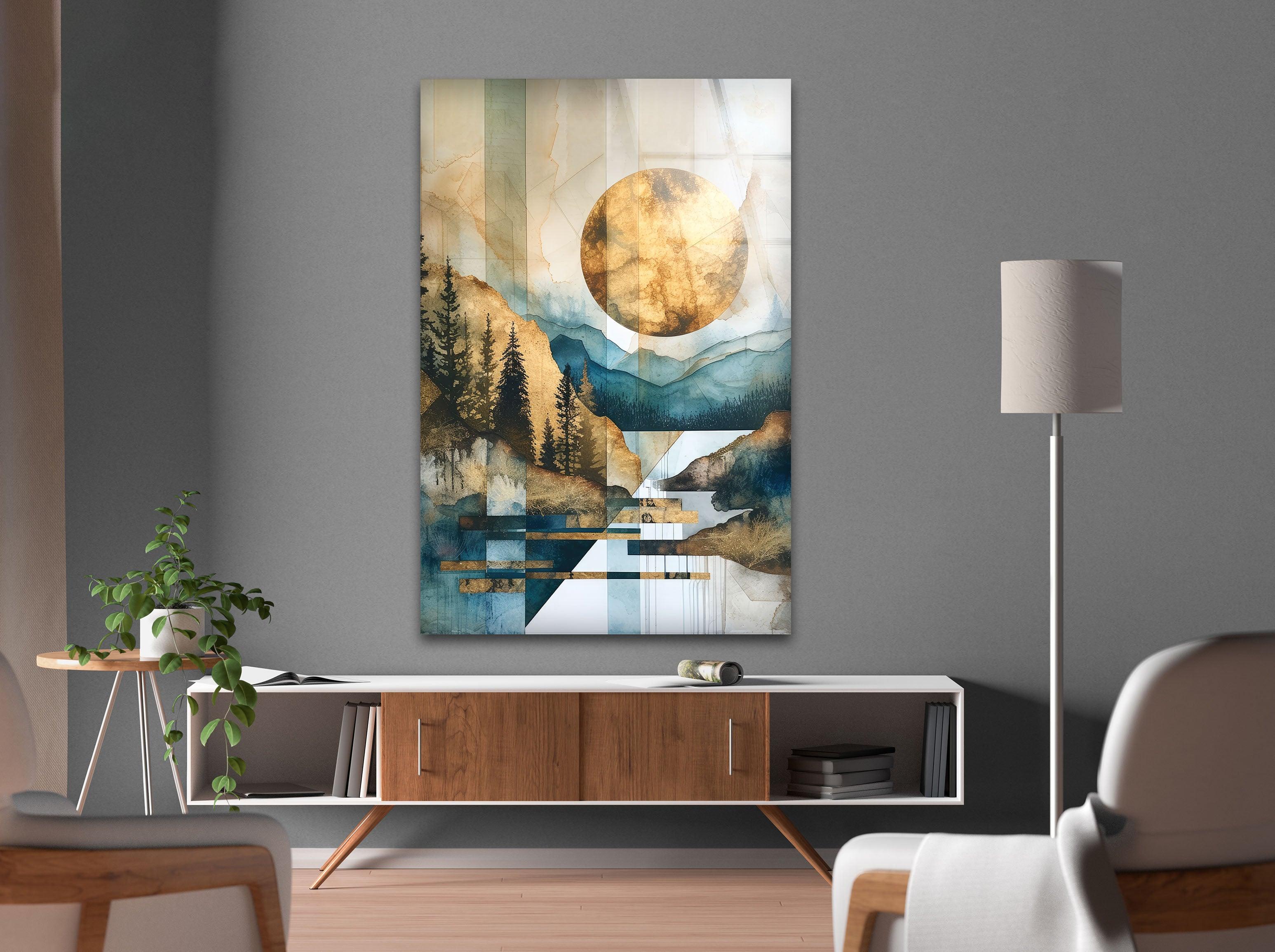 Abstract Golden Sun Glass Wall Art - Geometric Mountain & Nature Landscape Decor for Living Room, Bedroom, Office - Modern Home & Office Decoration