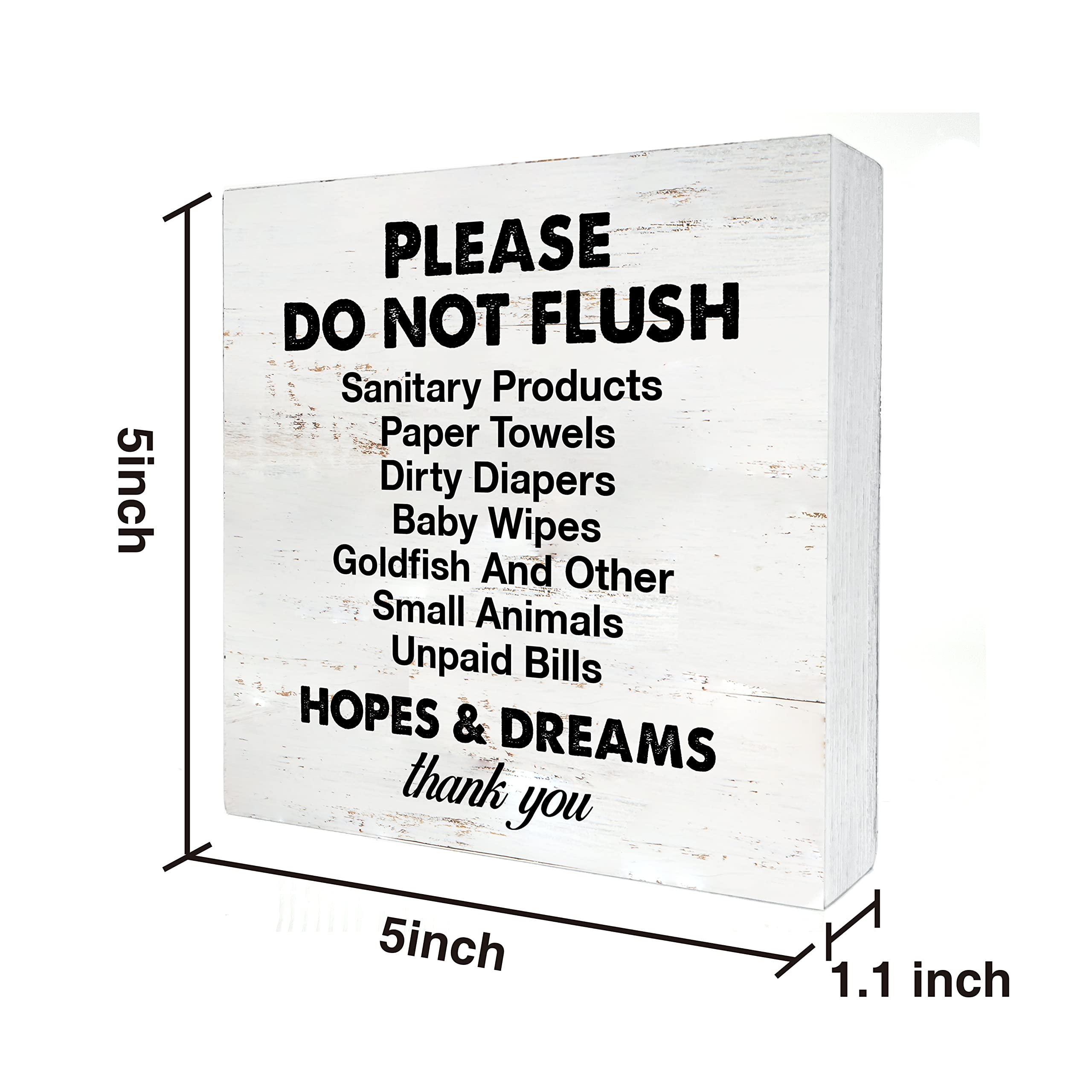 Rustic Wooden Bathroom Sign - 'Please Do Not Flush Sanitary Products' Funny Desk Decor (5x5 Inch) - Cute Wood Block Plaque for Home, Shelf & Table Decoration - Perfect for Bathroom, Powder Room & Guest Toilet Humor