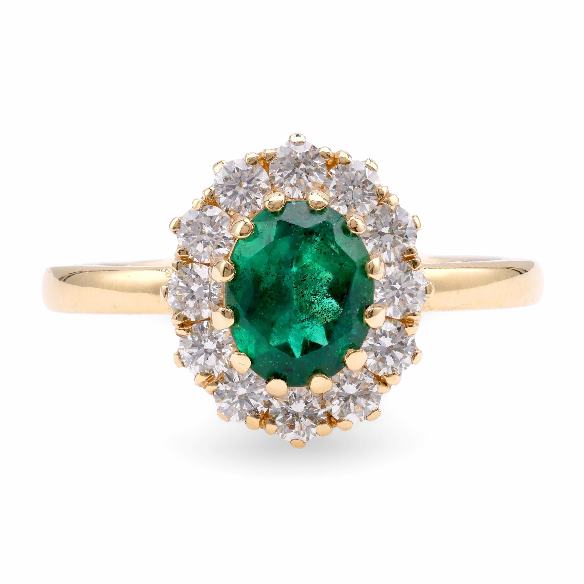 Vintage Inspired Emerald and Diamond Cluster Ring in 18K Yellow Gold - Perfect for Weddings, Anniversaries & Special Occasions