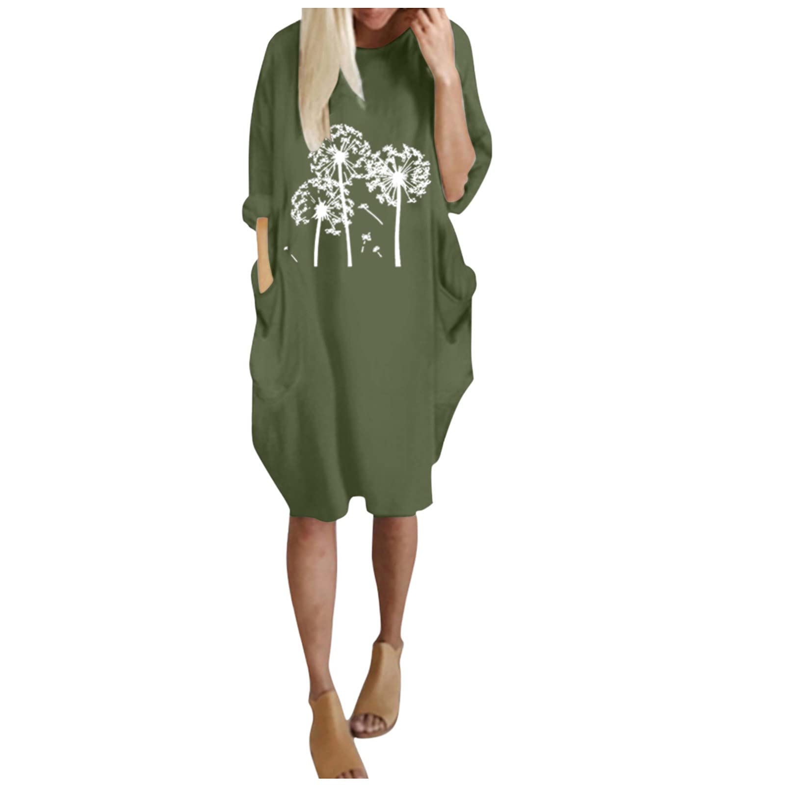 Elegant Women's Long Sleeve Floral Print Dress with Pockets for Wedding Guest, Party & Casual Wear - Loose Fit O-Neck Flowy Maxi Dress for Spring/Summer 2022