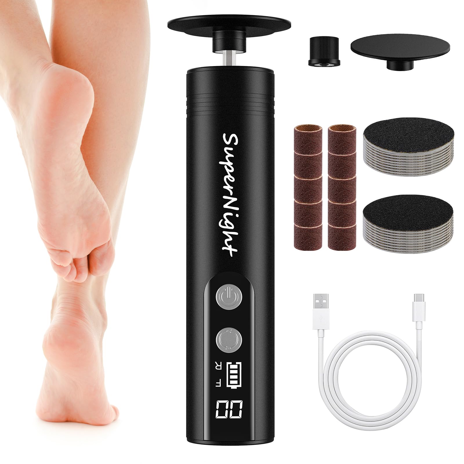 Electric Foot Callus Remover & Nail Grinder - 2 in 1 Cordless Rechargeable Pedicure Tool with Digital Display, 9 Adjustable Speeds for Dead Skin Removal - Perfect for Home Pedicures & Foot Care (Black)