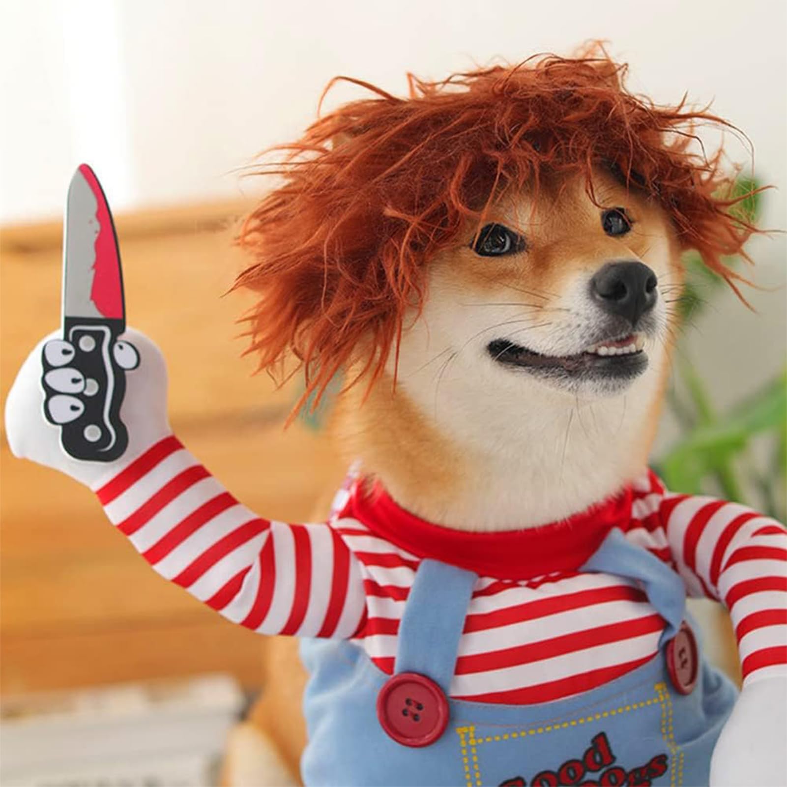 Chucky Dog Halloween Costume with Knife - Scary Pet Costume for Small Dogs (XS) | Funny Halloween Outfit for Pets, Perfect for Halloween Parties & Trick or Treat