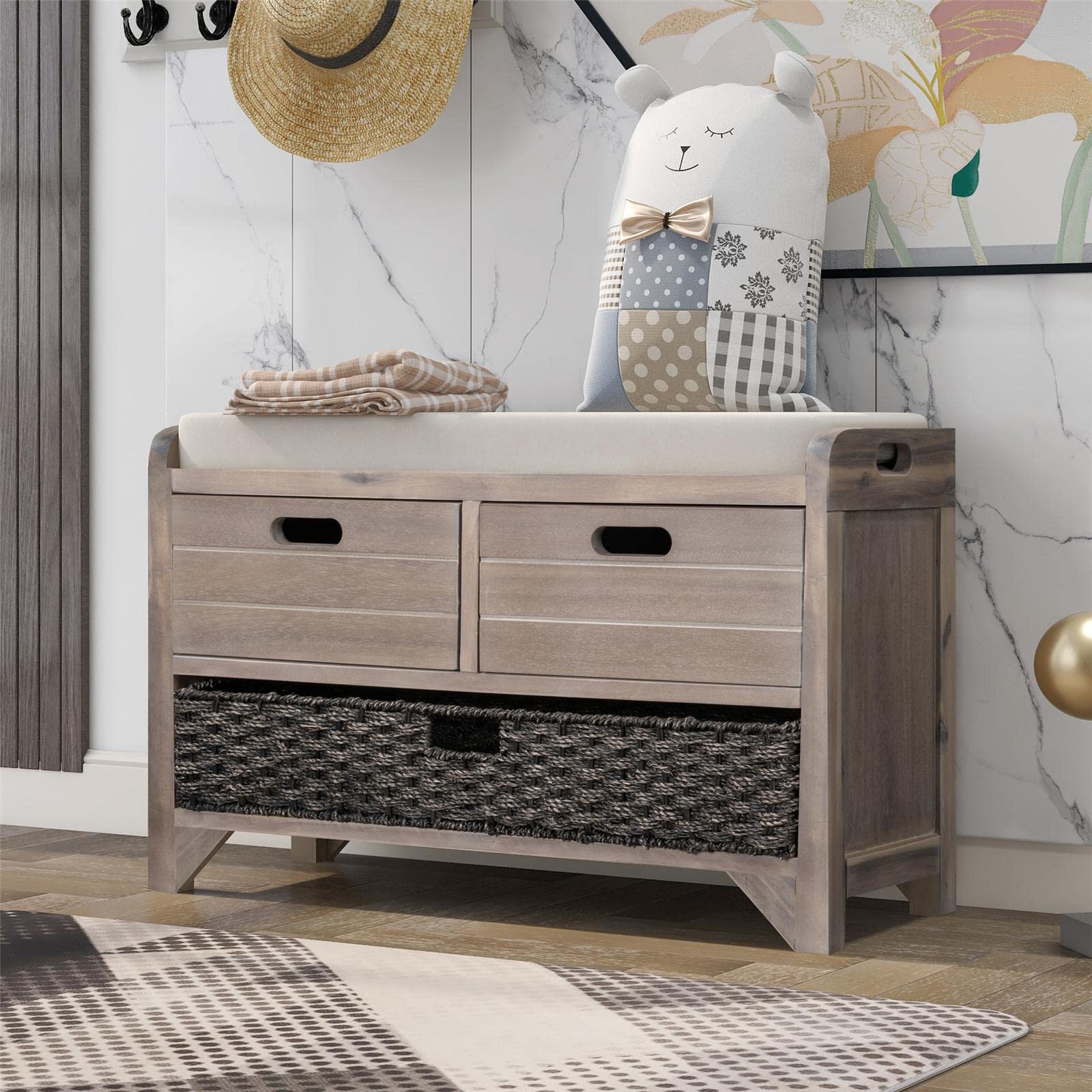 JINS&VICO Storage Bench with Removable Basket & 2 Drawers, Entryway Shoe Bench with Cushion - Fully Assembled White Washed for Hallway, Living Room & Bedroom Organization