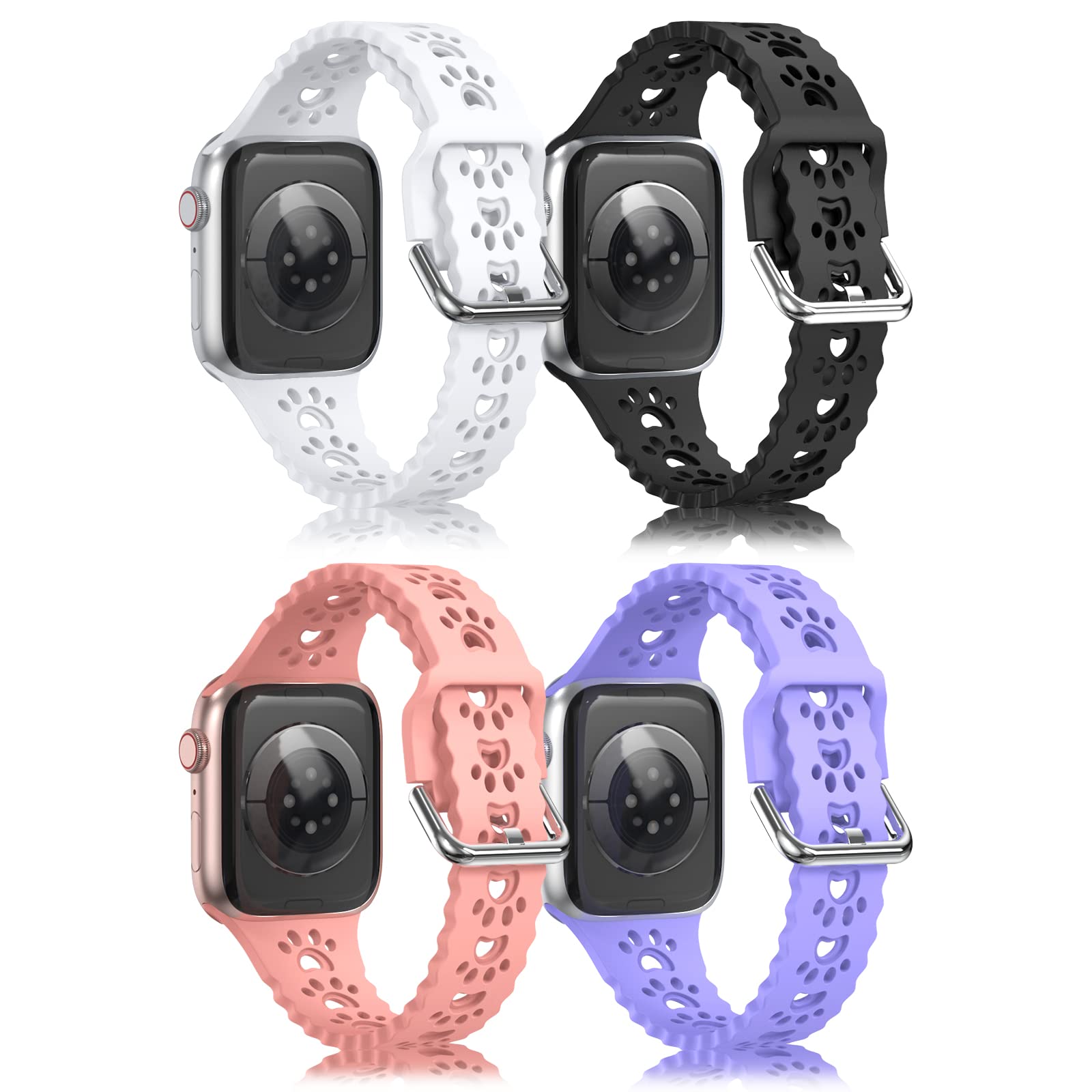 WOFRO 4 Pack Paw Print Silicone Apple Watch Bands for 38mm 40mm 41mm 42mm 44mm 45mm - Slim Breathable Sport Wristband Compatible with iWatch Series 8/7/6/5/4/3/2/1/SE - Perfect for Running, Gym Workouts & Daily Wear for Women & Men