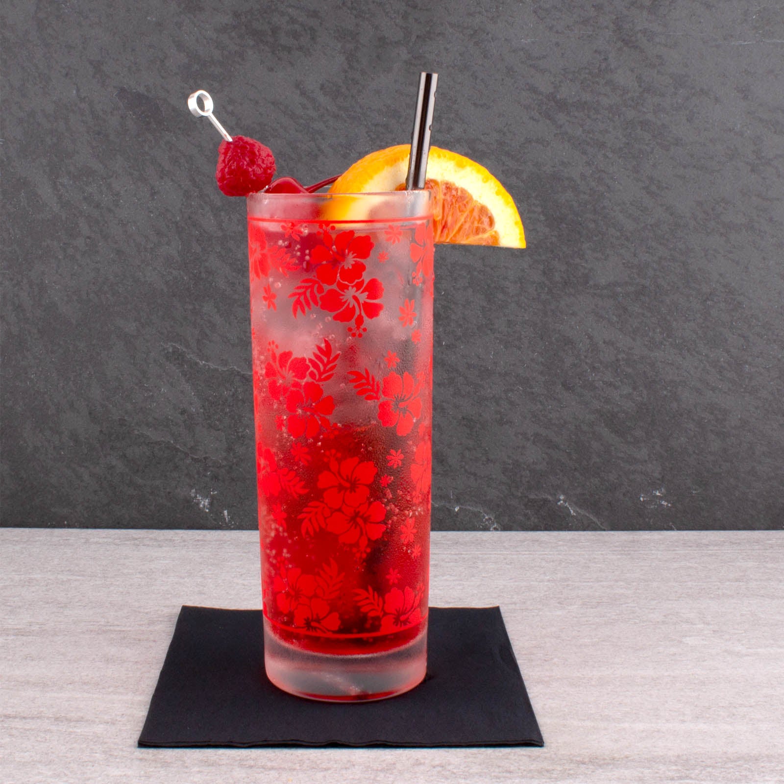 BARCONIC® Collins Glass - 9.5 oz Red Hibiscus Pattern Cocktail Glass for Mojito, Iced Tea & Summer Drinks | Durable & Stylish Barware for Home & Parties