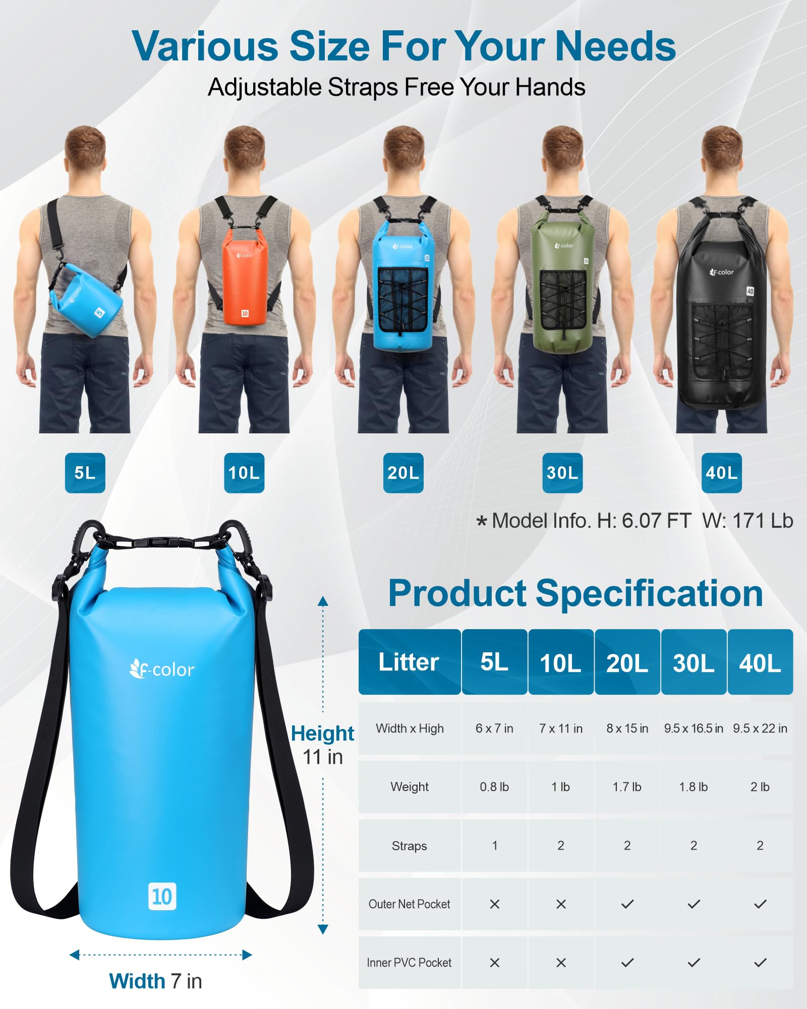 F-color Waterproof Dry Bag Backpack - 5L 10L 20L 30L 40L Lightweight Roll Top Pouch with Phone Case for Kayaking, Beach, Boating, Paddleboarding, Camping, Fishing | Outdoor Water Sports, Hiking & Travel Essentials
